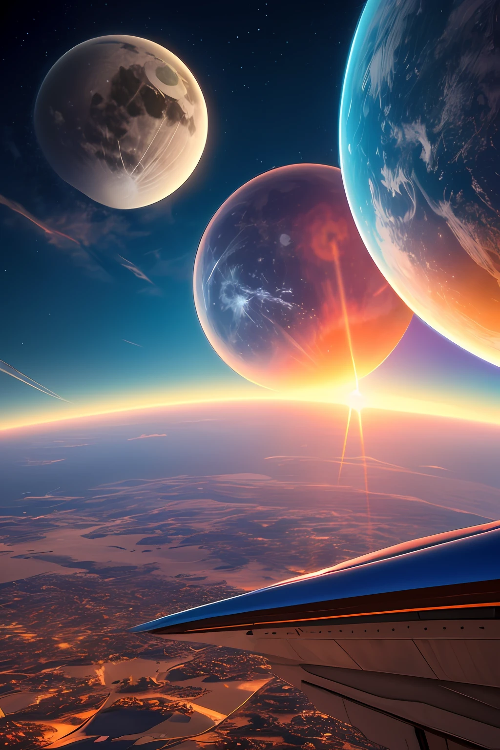 Um lindo dia de nascer do sol em um planeta distante. Ceu azul alaranjado com planetas ao fundo. Cidade futuristica com carros voadores circulando. Realista, intrincado, uhd, unreal 5 engine