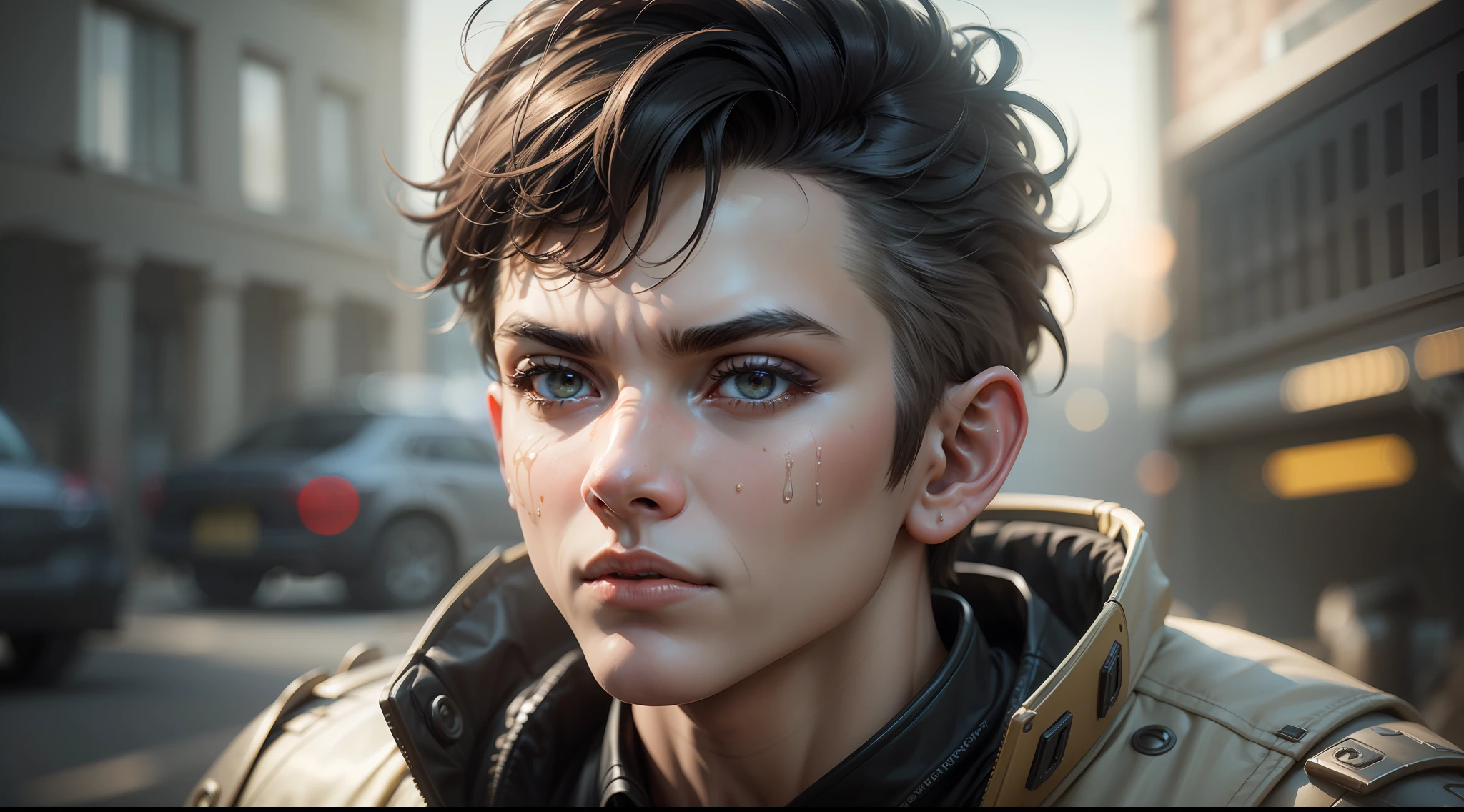 (((A teenager with a cool expression sits on a huge chariot))),((Juvenile close-up strengthened,Libido boy,Brush cut,flathead,Short Hair Hair)),(((super-fine))),shot at 8k resolution,Gasoline liquid,,Lithography in intricate details,dongh(Light particles:1.2),(game concept:1.3),(depth of field:1.3),Global illumination,with rich details,Trends on ArtStation,Epic shooting,Cinematic lighting