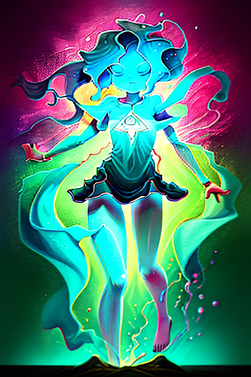 The painting depicts a meditative figure in the center, surrounded by vibrating energy along his spine. Les chakras, symbolized by circles, range from red at the base to purple at the top, emitting distinct colors and energies. The chakras blend harmoniously into a soothing background with shades of blue, de vert et de rose. Subtle patterns evoke nature, comme des vagues, des lotus et des montagnes lointaines. This painting creates a meditative visual experience, capturing balance, The tranquility and energy of chakras and yoga.