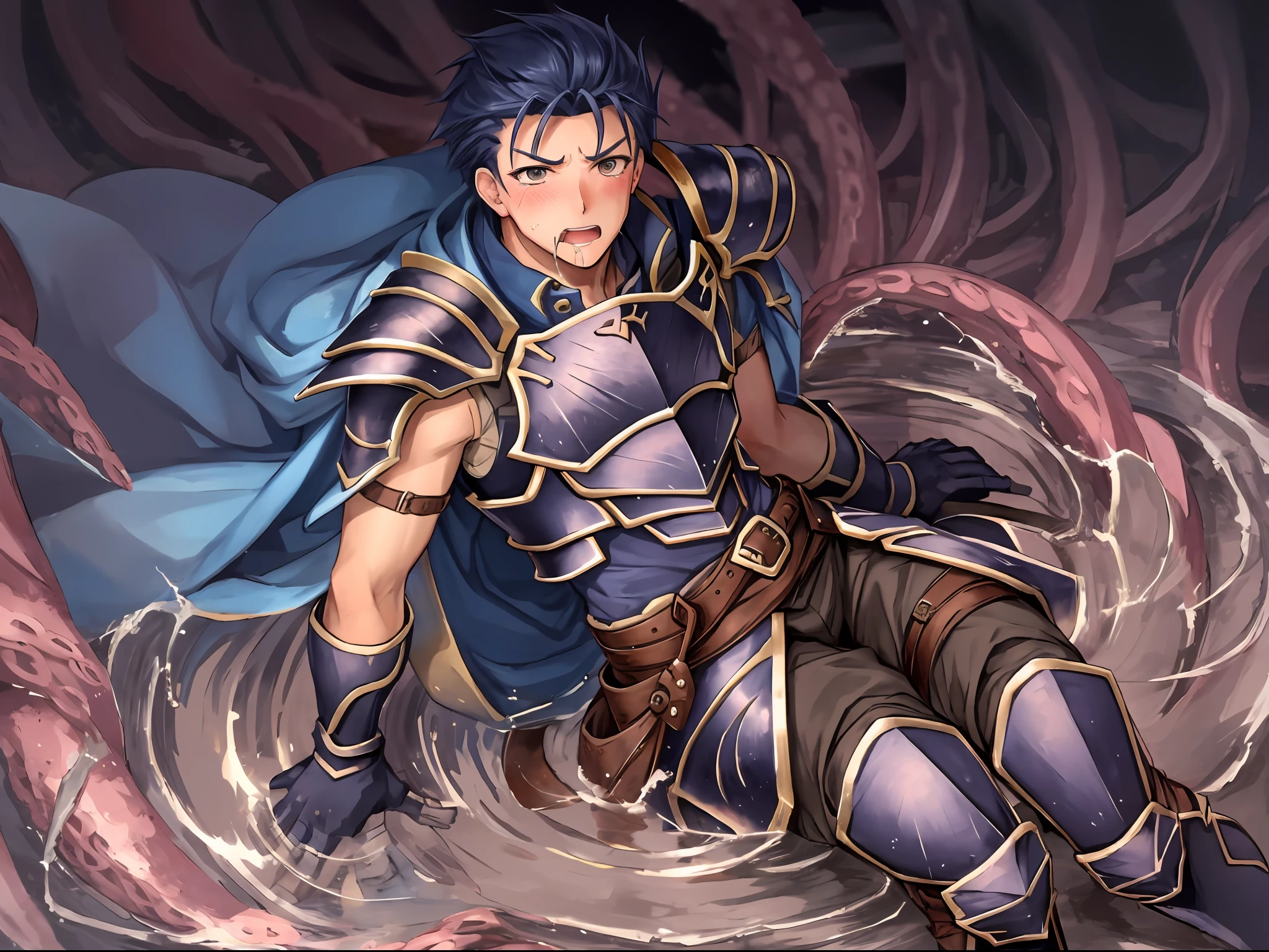 Hector Fey（adult man）， 独奏， looking looking at viewer，Tied by tentacles（Mucus-secreting tentacles） ，With his mouth open，droolng，perspire，Tight combat uniform，Armour，Get wet， mitts， 1 man，weeping，blush on， Male focus，Tentacles wrapped around thighs（Octopus tentacles wrap around thighs）， cloaks， Armour， Shoulder armor， Soaked leggings，Wrists bound by tentacles，Waist wrapped around tentacles
