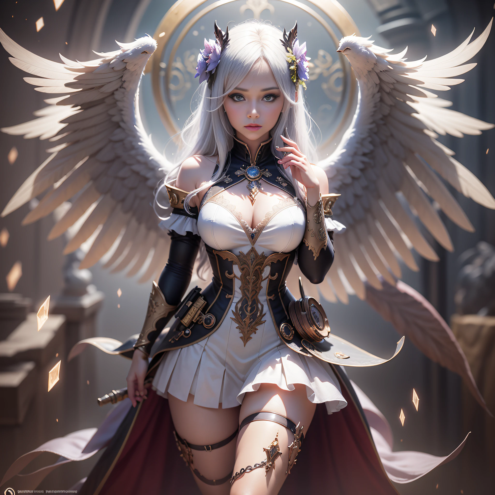 Elyos with white wings from Aion MMORPG, Detailed, Full body, fine art masterclass splash spray trickle, opaline Prisma, Steampunk celestial ethereal, hdr, ultra high detailed, Centered, Bokeh, Lens flare, foggy dusk, full bloom, light bloom, Cinematic lighting, HighDynamicRange, Depth of field, full pose, Perfect detailed face, detailed symmetric hazel eyes with circular iris, Realistic, stunning realistic photograph, a 3D render, rendering by octane, intricate-detail, Cinematic, trending on artstationh, isometria, Centered hipereallistic cover photo, Awesome full color, starring in front of camera