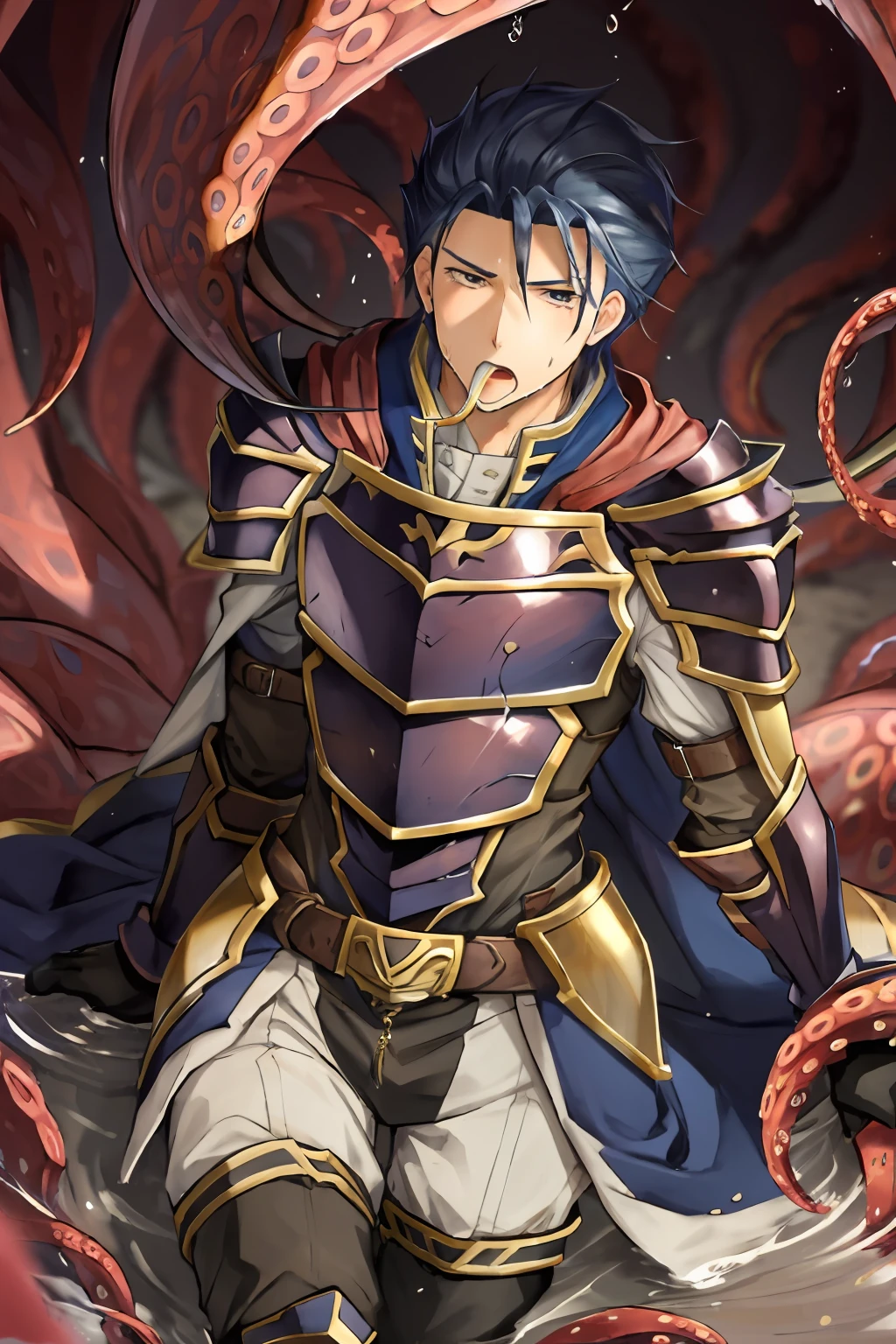 Hector Fey(adult man), 独奏, looking looking at viewer,Tied by tentacles(Mucus-secreting tentacles) ,With his mouth open,droolng,perspire,Tight combat uniform,armour,Armour,Get wet, mitts, 1 man,weeping,Be red in the face, Male focus,Tentacles wrapped around thighs(Octopus tentacles wrap around thighs), cloaks, Armour, Shoulder armor, Soaked leggings,Wrists bound by tentacles,Waist wrapped around tentacles