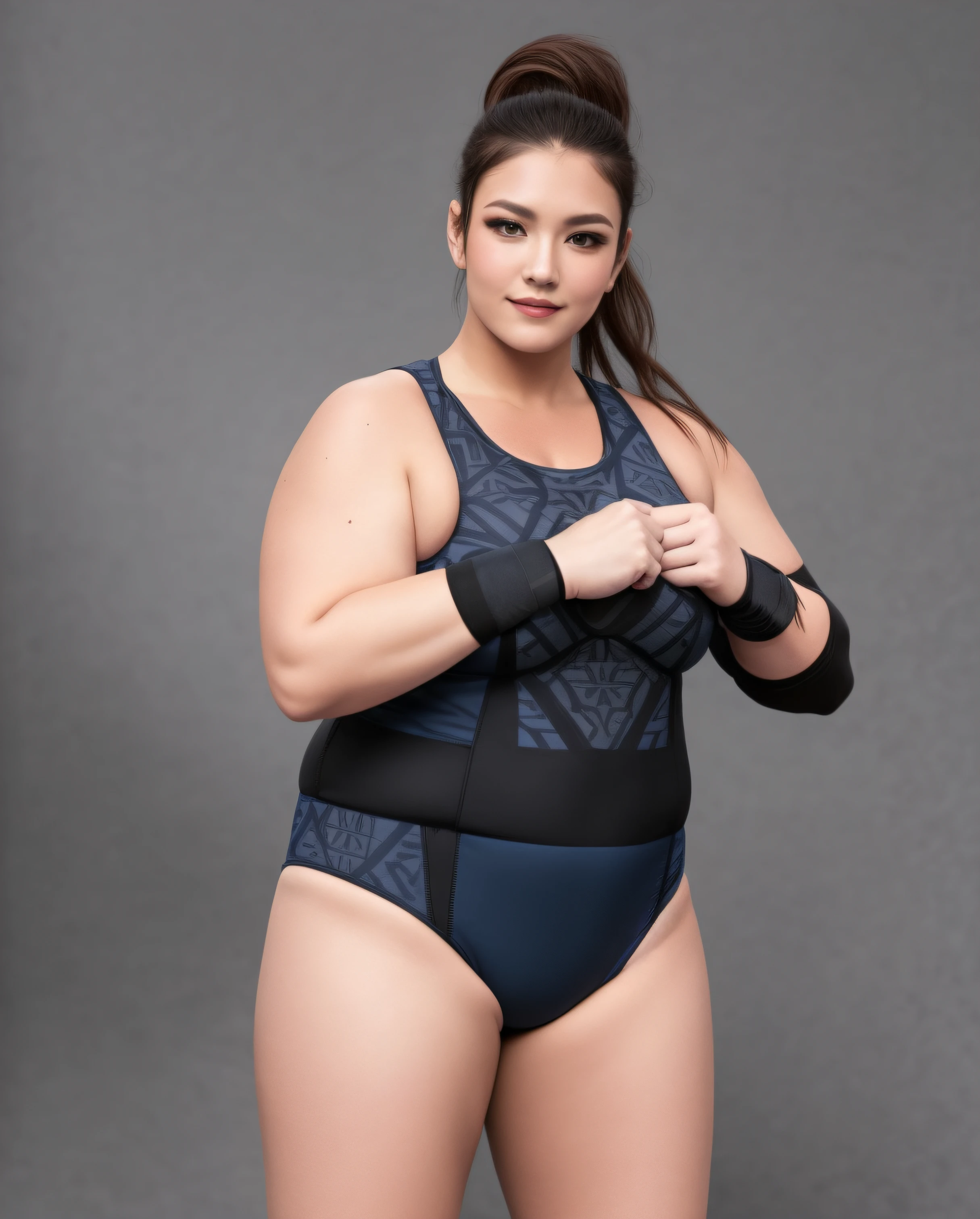 Plus-sized Brunette female wrestler with ponytail, in navy blue black and grey geometric patterned high cut leotard that has a "T" emblem, black wristbands, black elbow-pad on left arm, smirking, photo realistic, intricate details