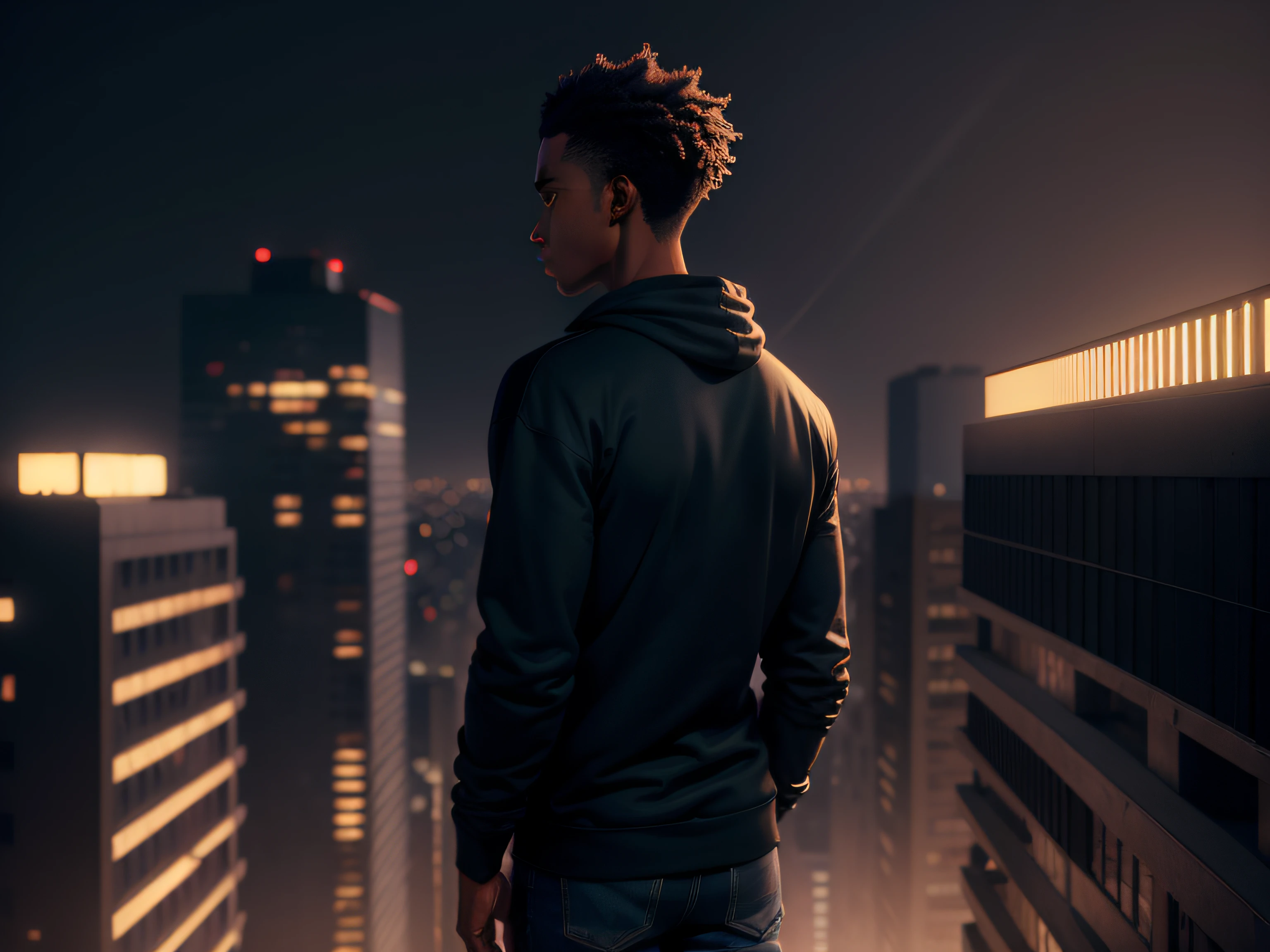 ((high-fidelity night buildings)),((atmospheric perspective)),((back of skinny black male character in sweatshirt)) ,(no beard), (hair with gradient and curly), [super realistic 3D],[night cinematography],[mysterious atmosphere]