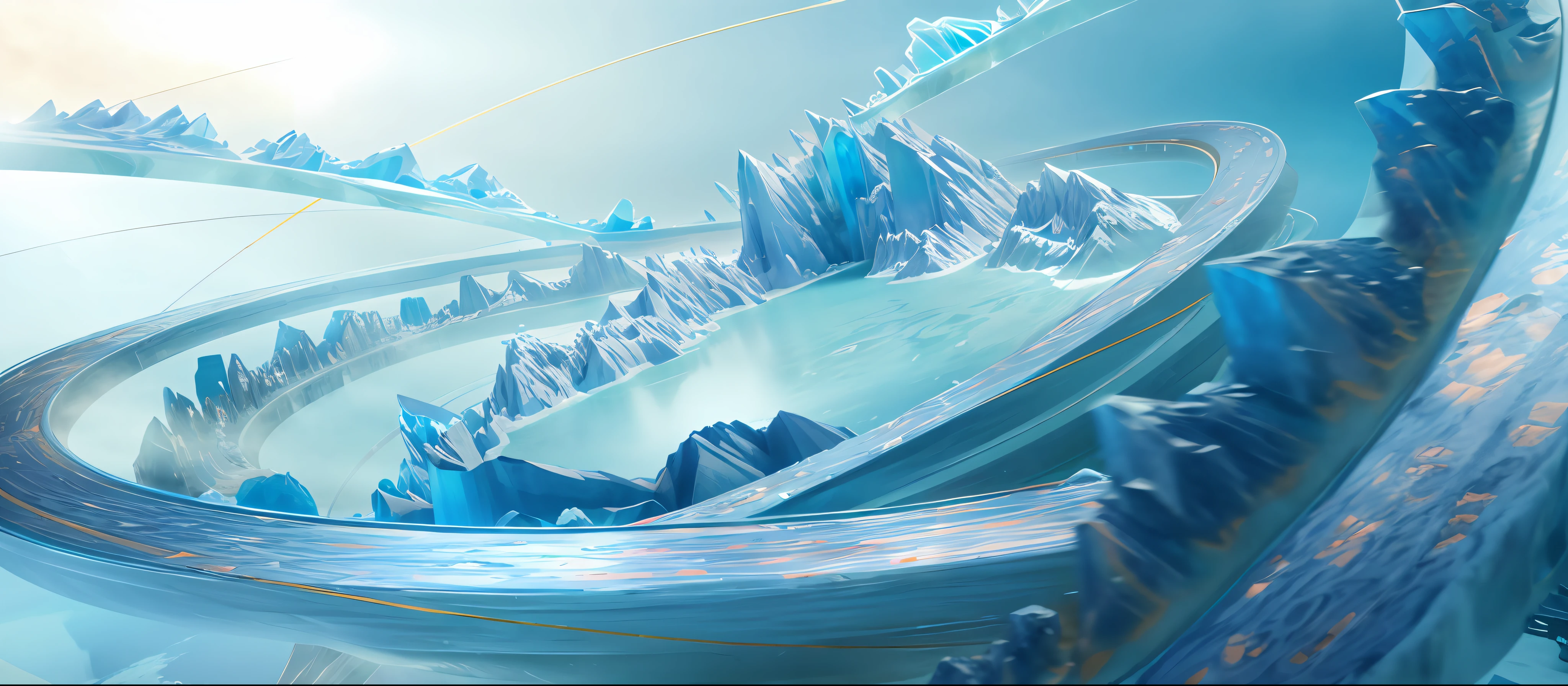 There is a large circular sculpture，There are a lot of blue and white designs on it, industrial futuristic ice mine, ice planet, icy road on a planet of lava, walking across ice planet, surreal frozen landscape, ice city in 2 0 8 0, stuning fantasy 3 d render, icey tundra background, 4k highly detailed digital art, rendered in redshift