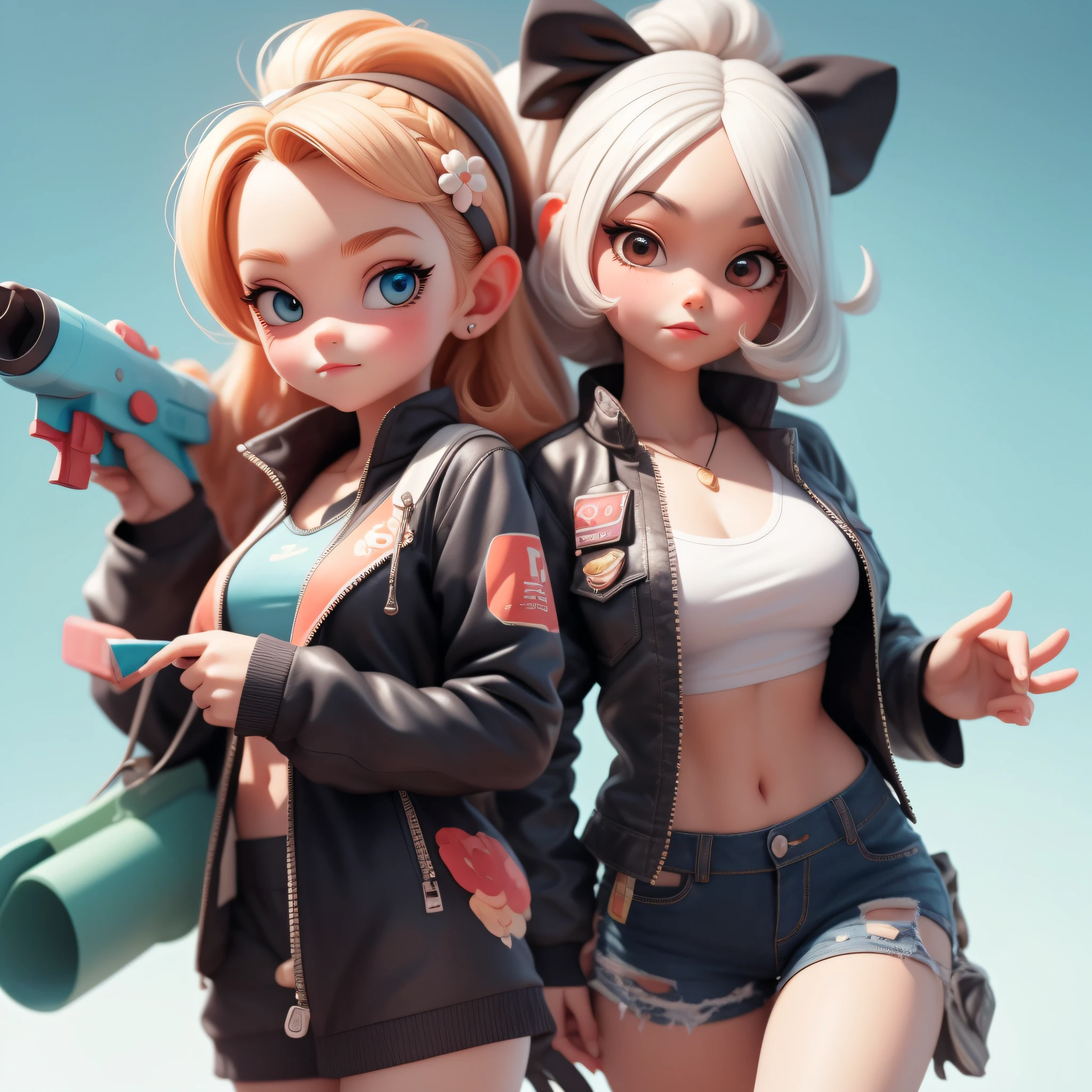 a Super cute girl，All body in，Water gun in hand，Dreamy cute hair accessories Popmart blind box，IP design，Clean bright background 3D rendering，oc rendered，8K，soft focus，Fine glossy super detail --ar 3：6 50 --q 2 --niji 5 --Style expression --s 2
