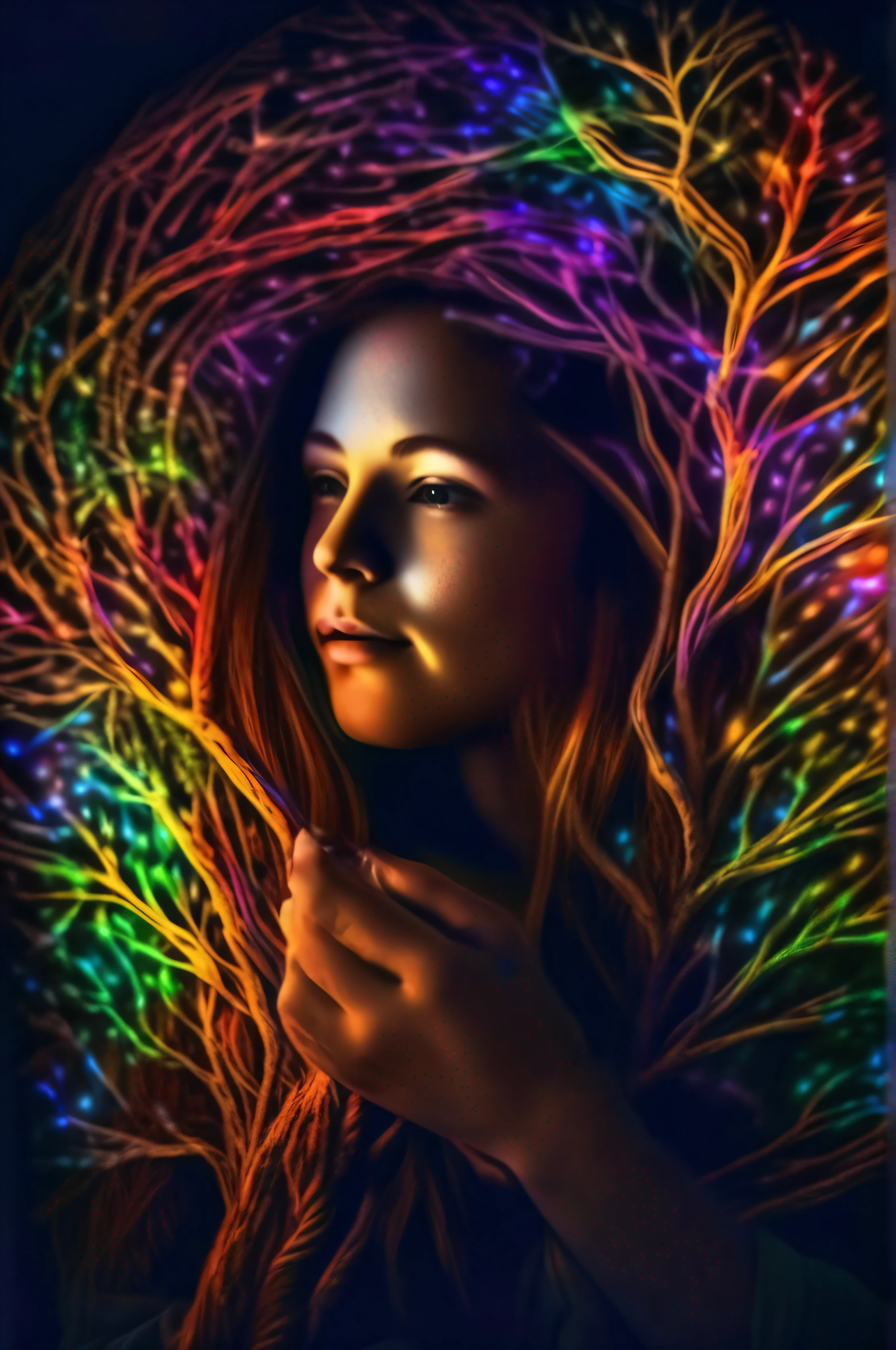 beautiful young woman, which is covered with branches, bright Rainbow glowing heart visible from human, night time, fotorealistisch, Hyperdetailliert, Kinobeleuchtung HDR, Softbox-Beleuchtung, Lumitronic-Effekt, Risograph-Stil, umgeben von Neonpulverrauch, Abstrakt, surreal, psychedelisch,
