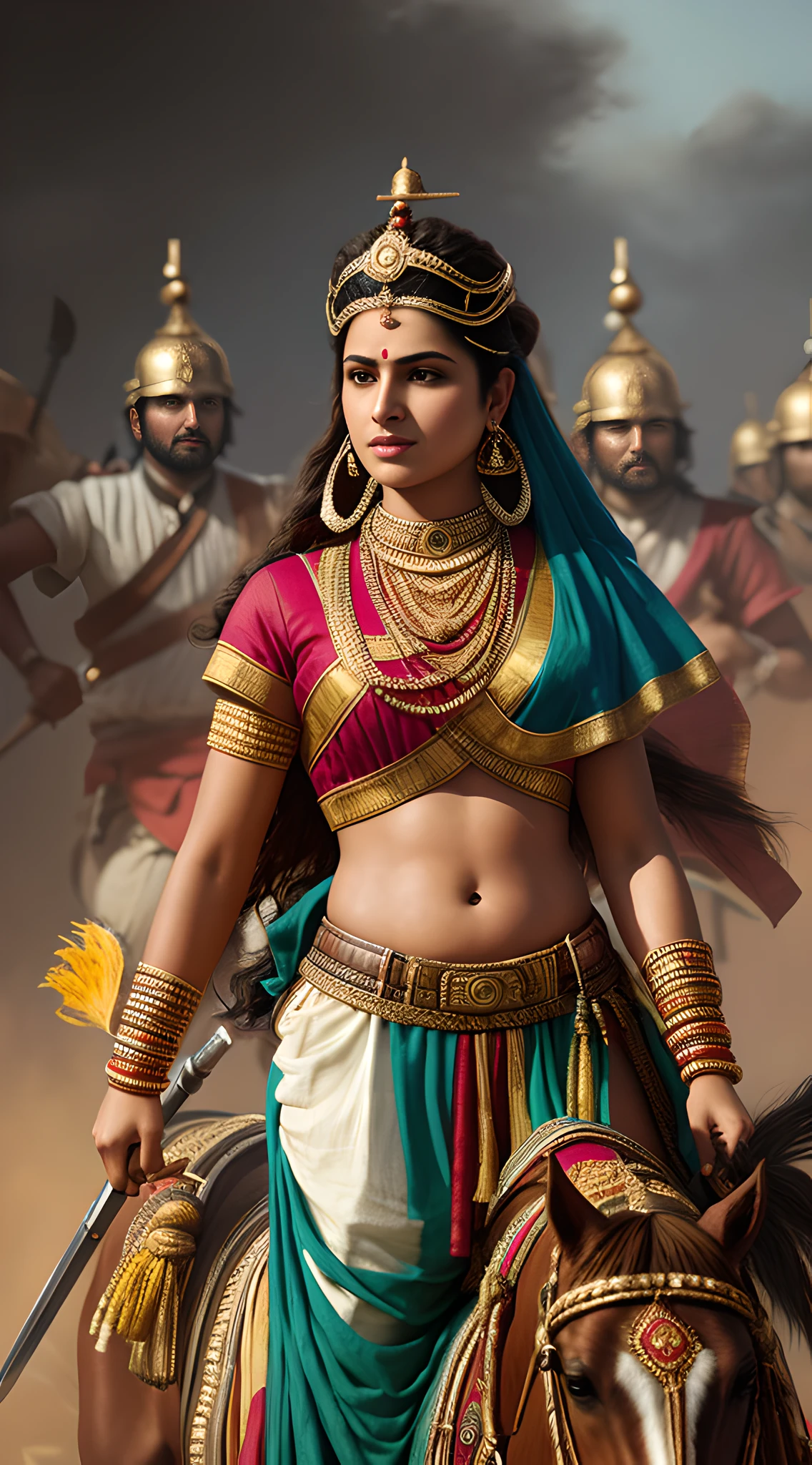 {A vibrant depiction of rebel queen Rani Lakshmibai in traditional 19th-century Indian battle attire, carrying a baby on her back, and leading her troops into an intense battle}, Realistic Style, Art Inspiration from Greg Rutkowski, Camera: Medium telephoto, Shot: Wide, Render Related Information: (hyperrealistic 3d render:1.16), (Rutkowski:1.1), (Intricate details:1.2), (Oil painting:1.3)