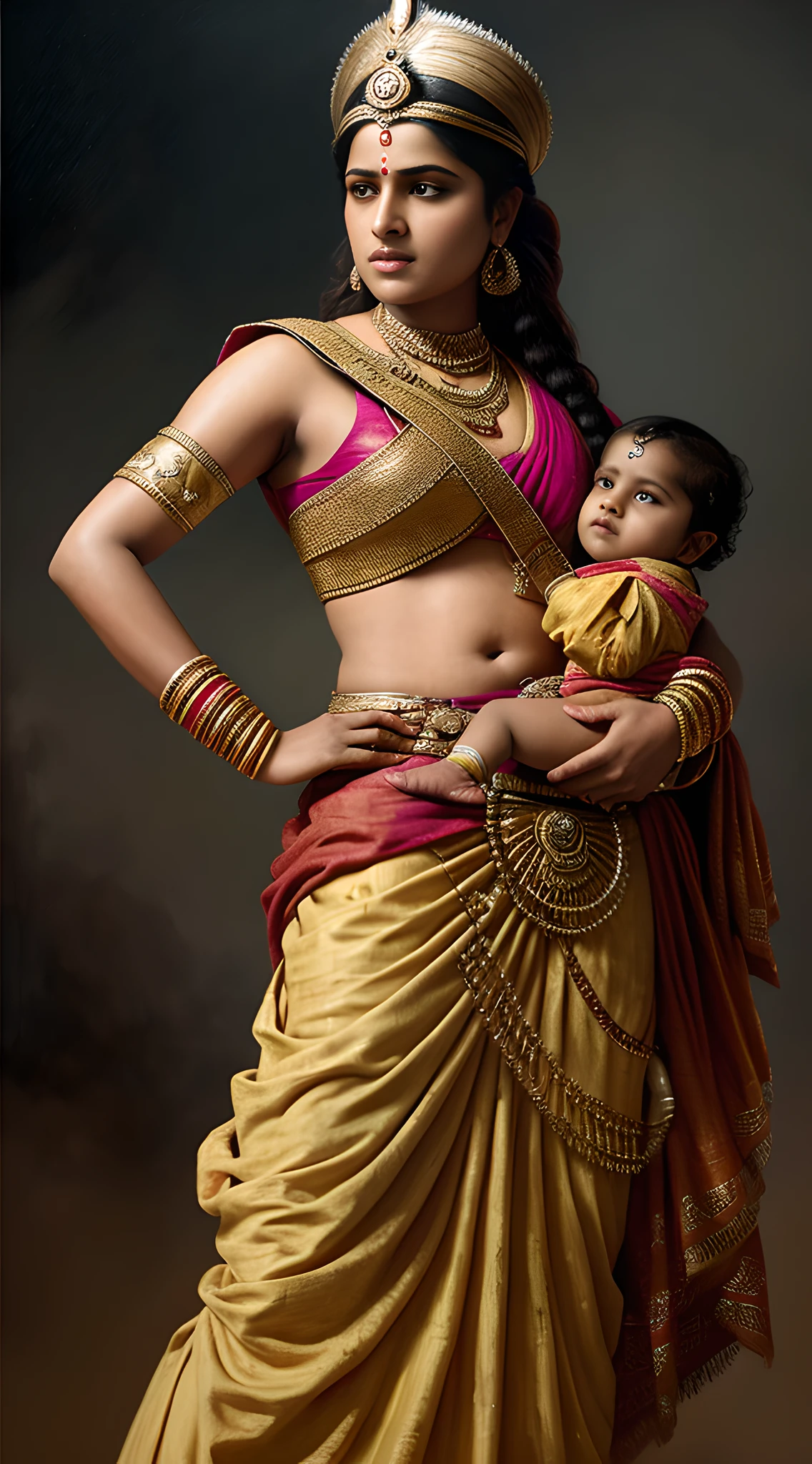 {The inspiring Rani Lakshmibai, rebel queen, clad in traditional 19th-century Indian battle attire, with a baby fastened to her back, commanding her army in a historic battle}, Realistic Style, Inspired by Greg Rutkowski, Camera: 70mm, Shot: Medium, Render Details: (Oil painting:1.25), (Rutkowski:1.2), (Intricate details:1.14), (HDR:1.2)