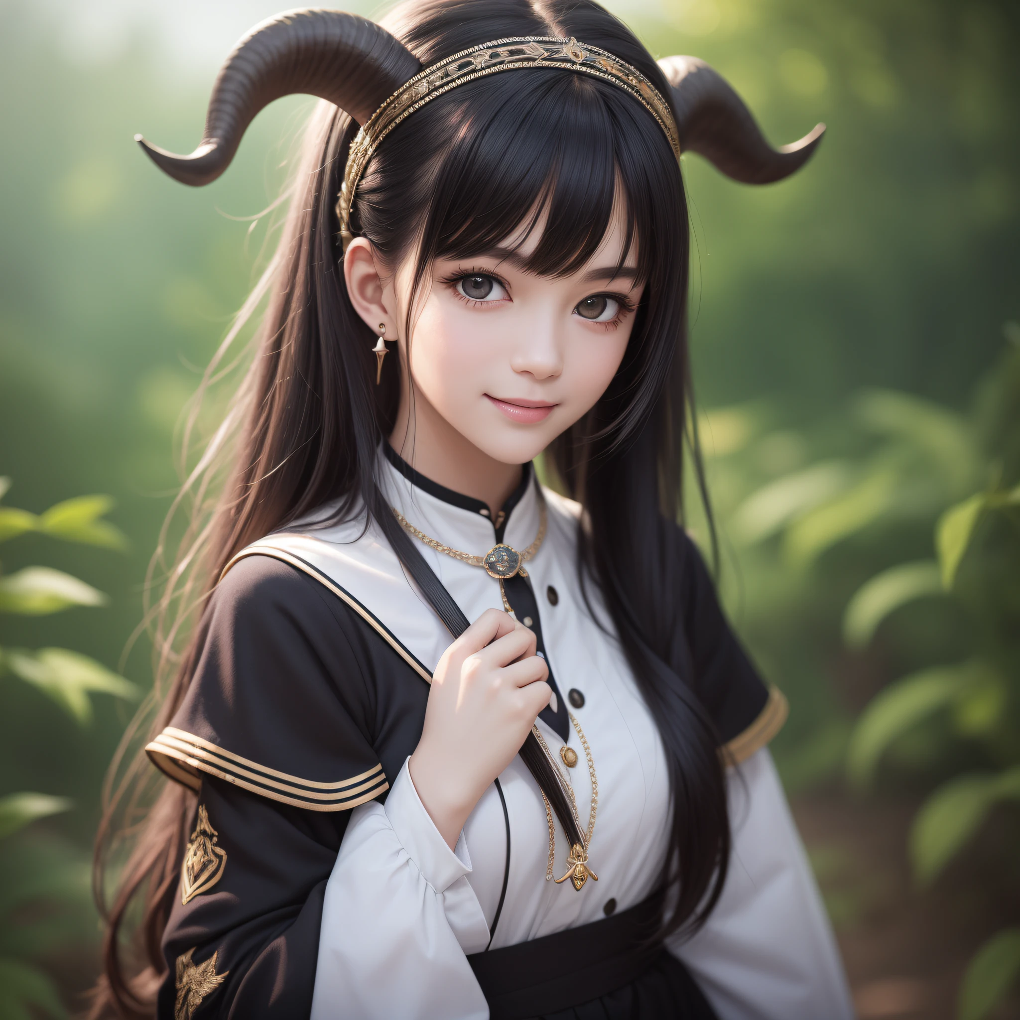 beste-Qualit, шедевр, high picture quality, 1girl in, black-haired、long ears、twintails、Goat horns、great outdoors、All body in、hairaccessories, neckless, jewlery, facials, Physical, Tindall Effect, realisitic, Dark Studio, Rim lighting, Duotone lighting, (High Detail Skin : 1.2), 8K UHD,DSLR, Soft light, hightquality, Volume Light, Candid, The photograph, A high resolution, 4K, 8K, Society Sisters、Monastic cap、Straight black hair、Monastic uniforms、Hold the wand、Looking at the camera、A smile