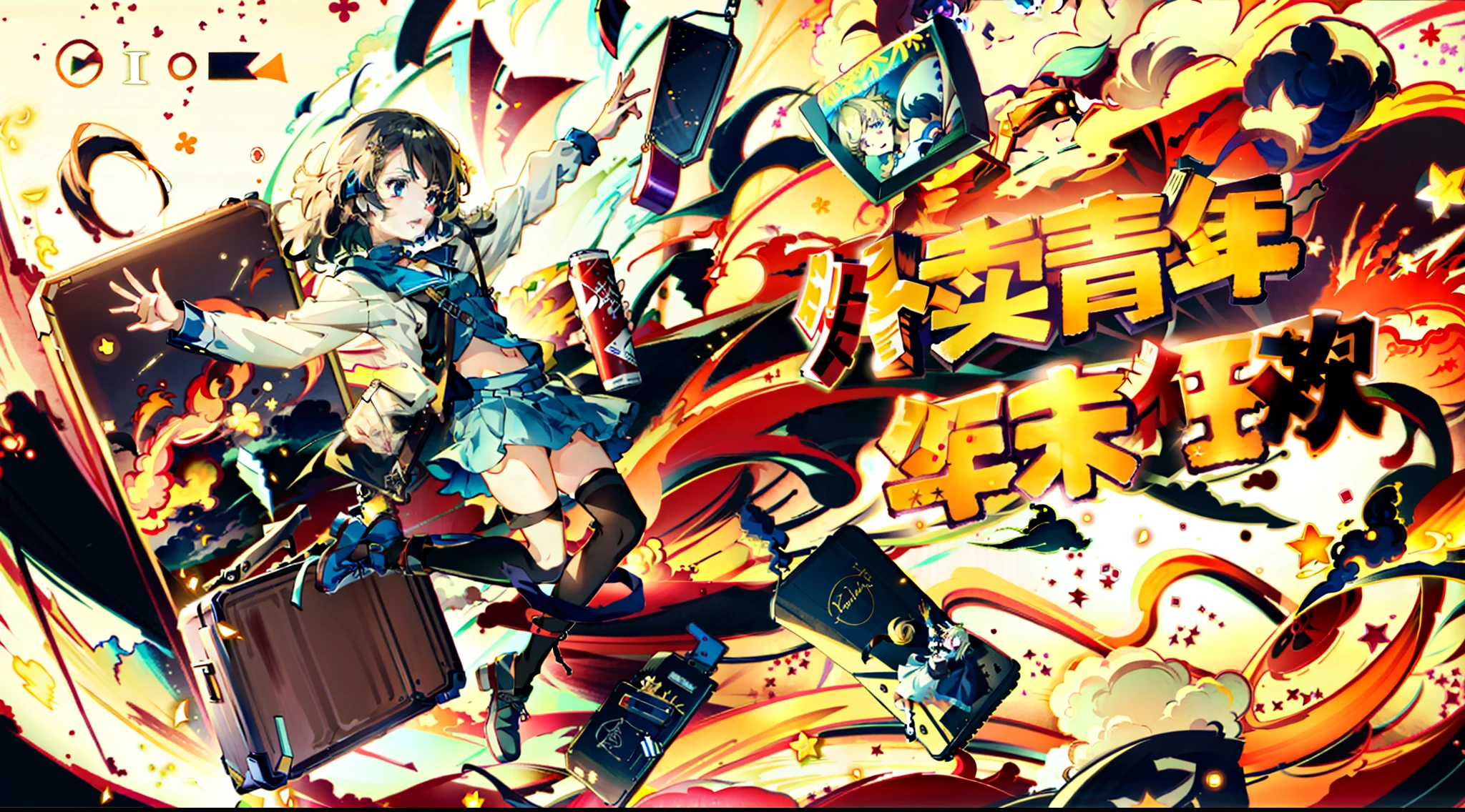 anime girl with a suitcase flying through the air, anime girl drinks energy drink, style of anime4 K, trending on cgstation, Kantai collection style, An anime cover, Anime style mixed with Fujifilm, lofi-girl, cushart, Anime! 4 k'', Anime! 4K, digital anime illustration, android heroine, anime styled digital art, anime fantasy illustration