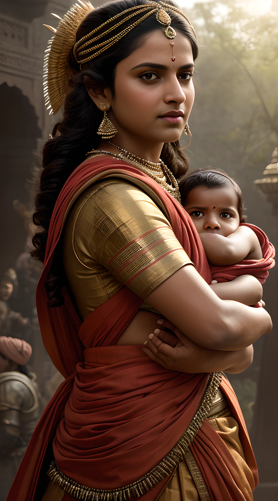 {The indomitable Rani Lakshmibai, outfitted in traditional 19th-century Indian battle gear, with her infant son safely nestled in a sling on her back, leading her valiant troops towards a fierce battle}, Art Styles: Realistic Oil Painting, Art Inspirations: Greg Rutkowski, Camera: Medium Telephoto, Shot: Close-Up, Render Related Information: (hyper detailed:1.5), (volumetric light:1.3), (rutkowski:1.1)