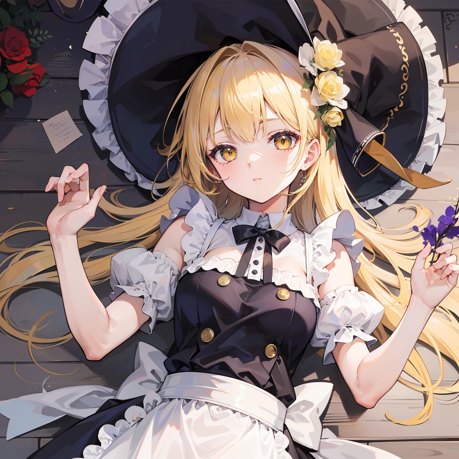 1girl in,шедевр,Upper body body,best_quality, Marisa Drizzle, a blond, yellow  eyes,maid apronl, witch's hat, lying back on