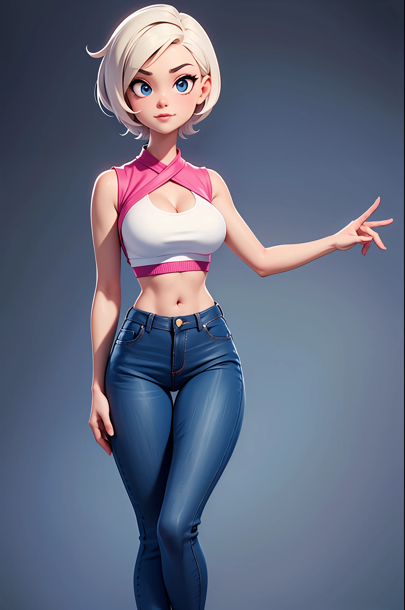 Super sexy Maria dressed （Low-cut and tight （Flared jeans））， （（Pink crop top top：1.5） Vest with exposed neckline）， Short hair, The hair is bluish white， photorealestic， photography of， （A high resolution）， （realisticlying：1.4）， （very intricate）， （exquisitedetails）， highly detaile， A high resolution， Original， Extremely detailed 8k wallpaper， Best Quority， Detailed face， hyper detailled， OriginalPhoto， realisticlying， （thigh gap：1.5）