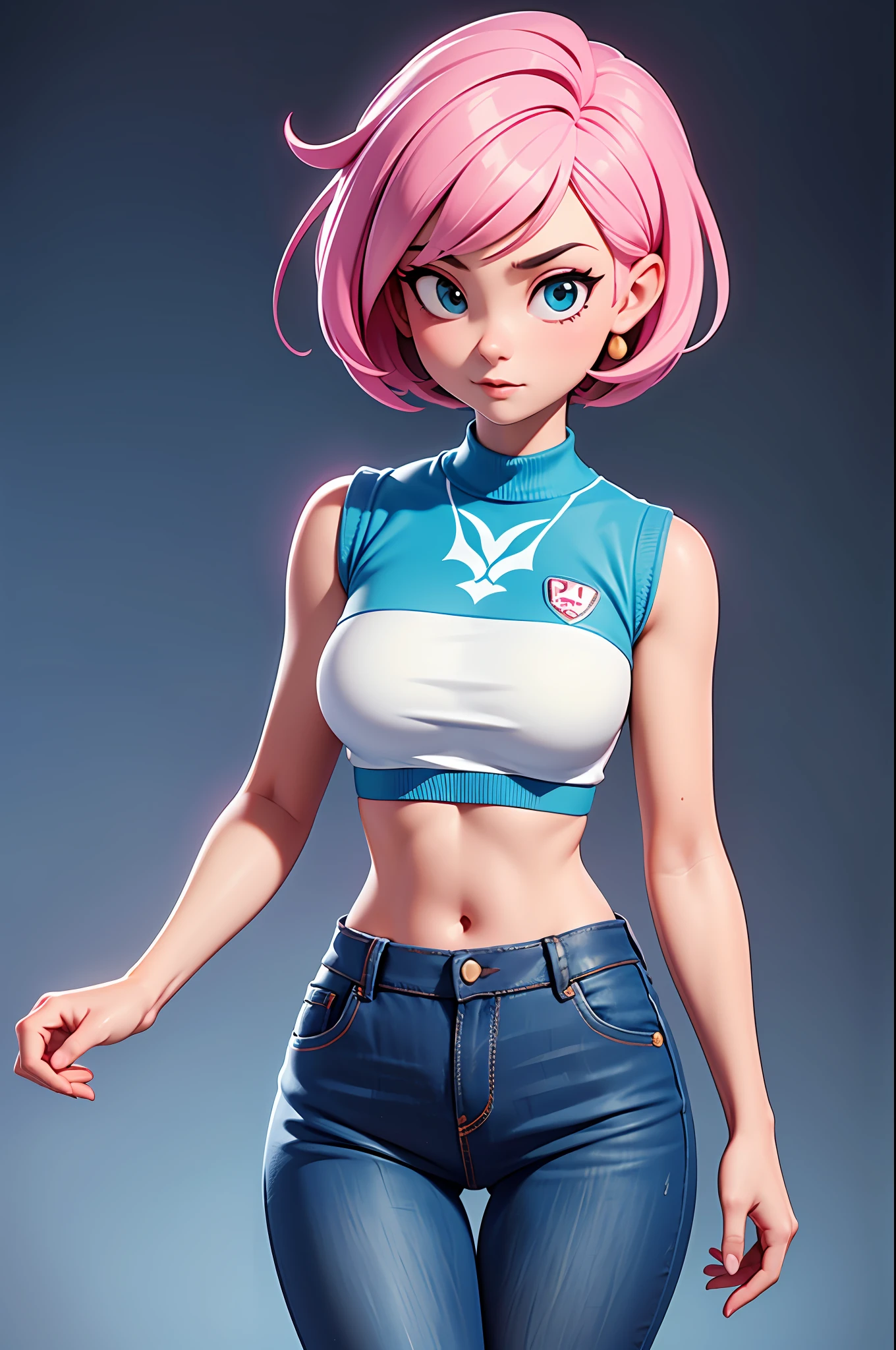 Super sexy Maria dressed (Low-cut and tight (Flared jeans)), ((Pink crop top top:1.5) Vest with exposed neckline), Short hair, The hair is bluish white, photorealestic, photography of, (A high resolution), (realisticlying:1.4), (very intricate), (exquisitedetails), highly detaile, A high resolution, Original, Extremely detailed 8k wallpaper, Best Quority, Detailed face, hyper detailled, OriginalPhoto, realisticlying, (thigh gap:1.5)