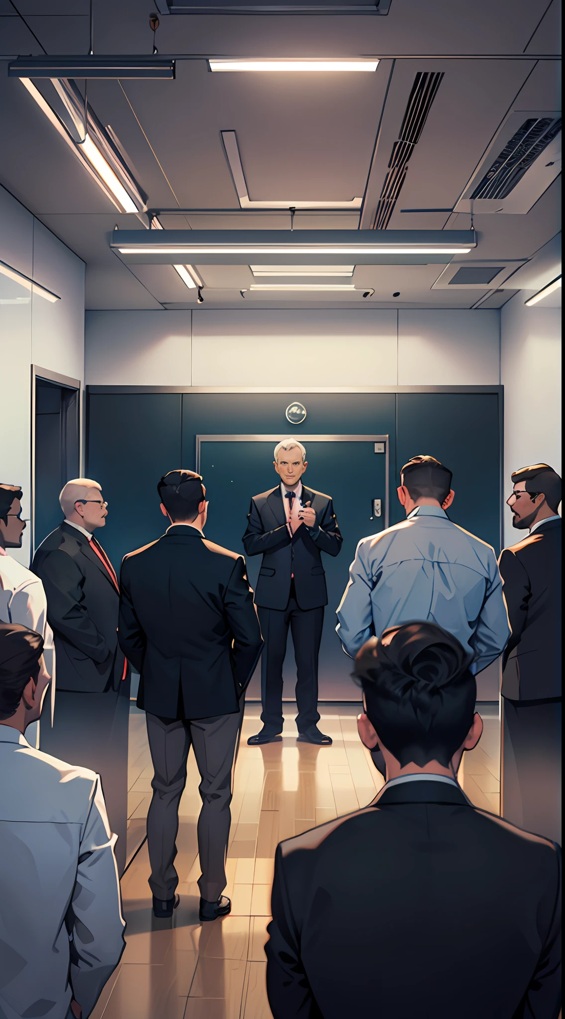 More than 10 people stood up,In the conference room,Everyone(Look towards the door:1.2)'s(Two men:1.5),, 8K, Super detail, ccurate, Best quality
