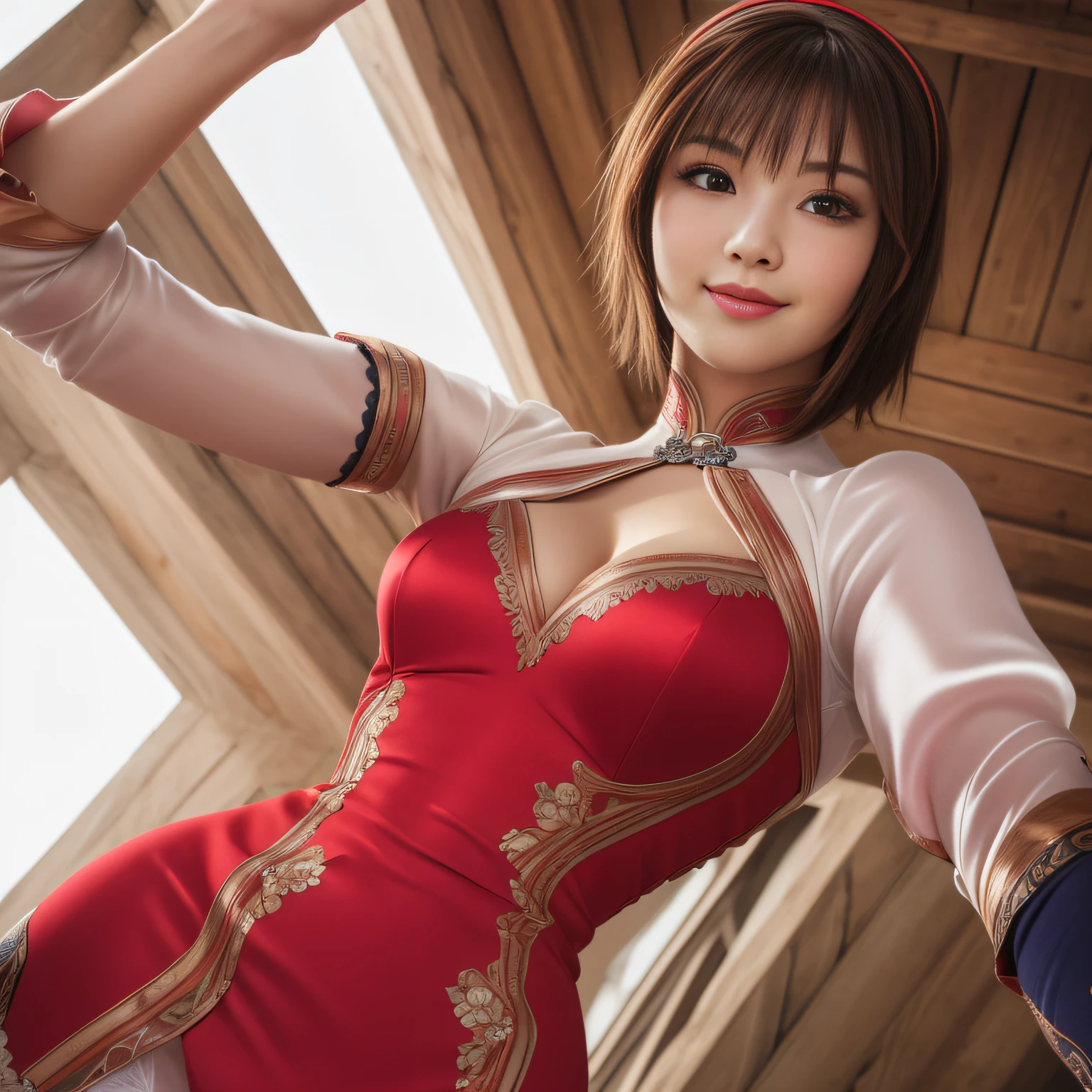 xianghua,brown eyes,short hair with long locks,lips,  brown hair,  solo, upper body,  cute,  smiling, low angle, from below, ass,  camel toe, blush,   ass view, 
xiaRobe, short red dress  , tight red thighhighs ,cleavage cutout ,hairband, detached sleeves ,jewelry, puffy sleeves, white panties,  sweat, 
lake, stars,  labyrinth, 
(insanely detailed, beautiful detailed face, masterpiece,beautiful detailed face eyes,  best quality), (((silk))),