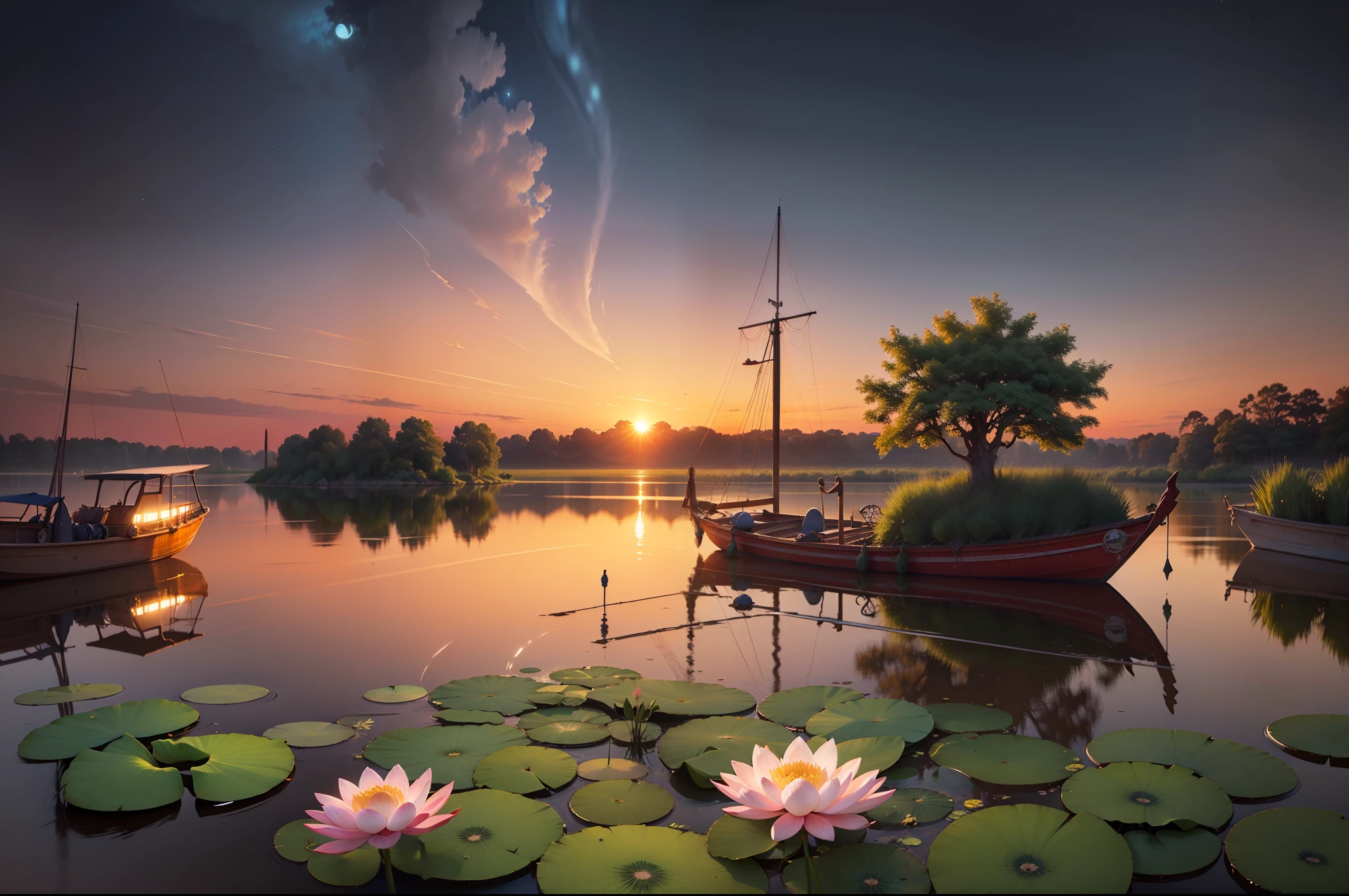 Exquisite masterpiece | vividly colored lotus pond | floating lotus leaves, night, sunset | boat gliding across the water, highly detailed, 4k resolution, --auto --s2