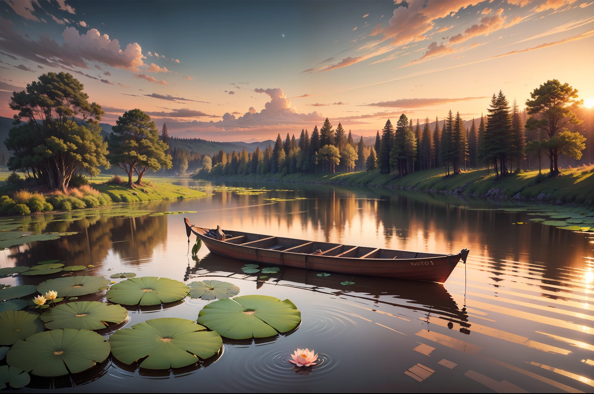 Exquisite masterpiece | vividly colored lotus pond | floating lotus leaves, night, sunset | boat gliding across the water, highly detailed, 4k resolution, --auto --s2