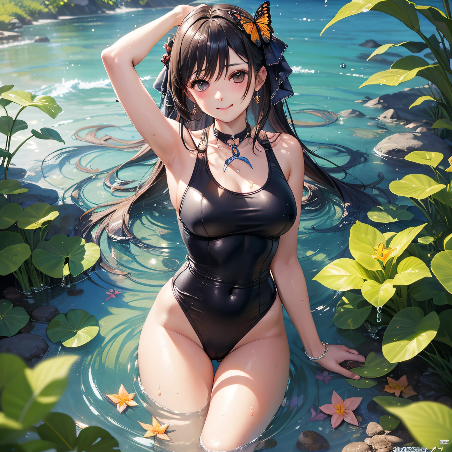 (Master masterpiece、beste-Qualit、beste-Qualit、Official art、Beautiful and aesthetic:1.2),Girl in a swimsuit, Summer, Water droplets,细致背景、Nature、Arm up、Smiles、cute-cute、Mysterious、mysterious background、butterflys