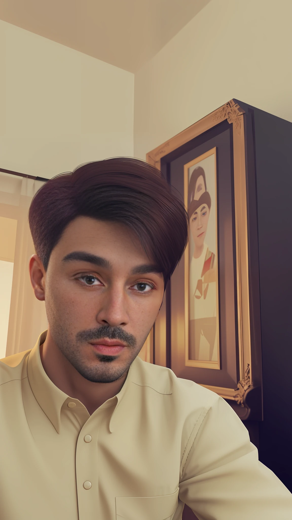 Realistic HD portrait photo of a 3D character. No beard on face