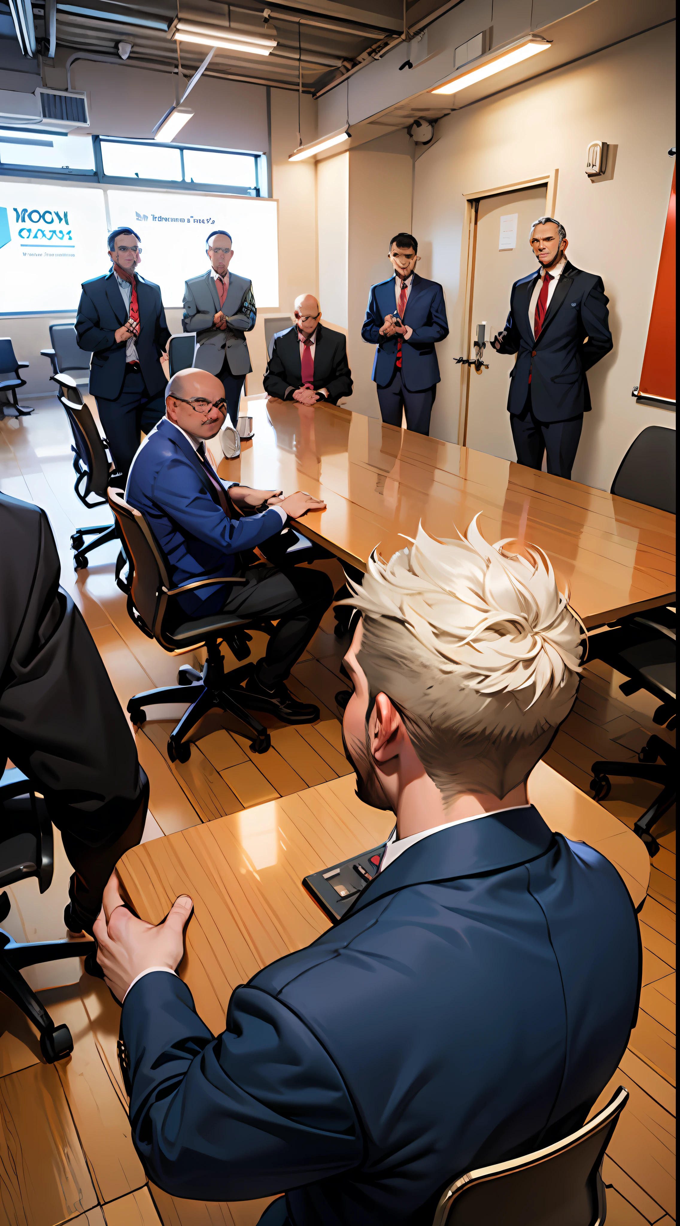 More than 10 people stood up,In the conference room,Everyone(Look towards the door:1.2)'s(Two men:1.5),, 8K, Super detail, ccurate, Best quality
