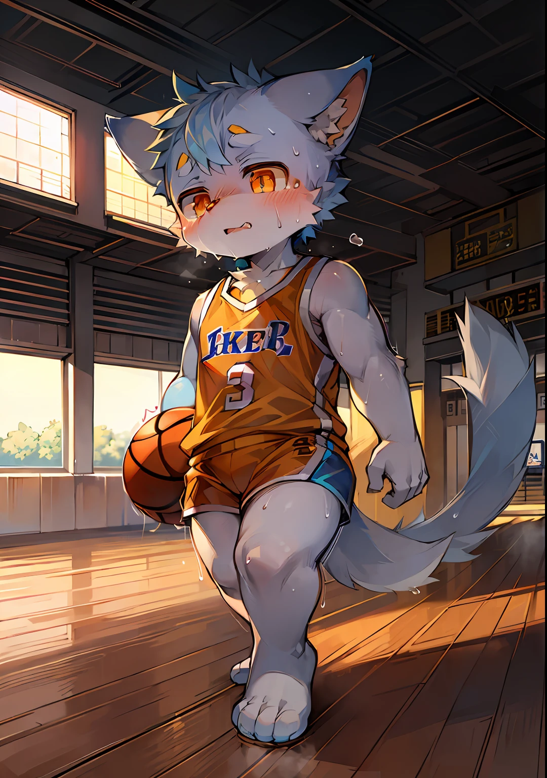 Furry Furry male Yellow fur Fluffy tail Blue eyes Basketball court Sweat