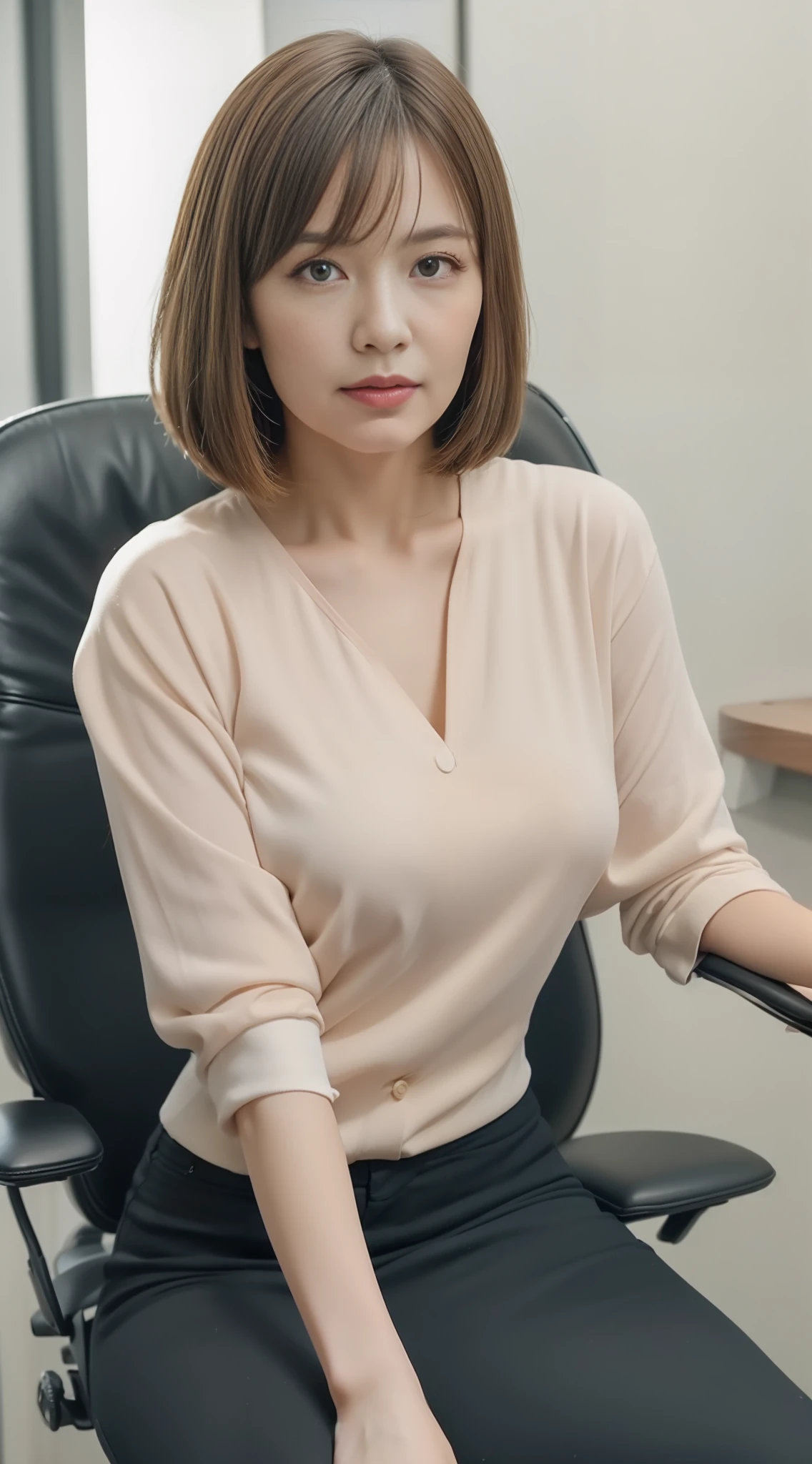 шедевр, Top image quality, A high resolution, 独奏, small tits, 40yo, (wrinkles:0.1), 1 persons, s Office, sits on a chair, Stylish coordination, Bob Hair,