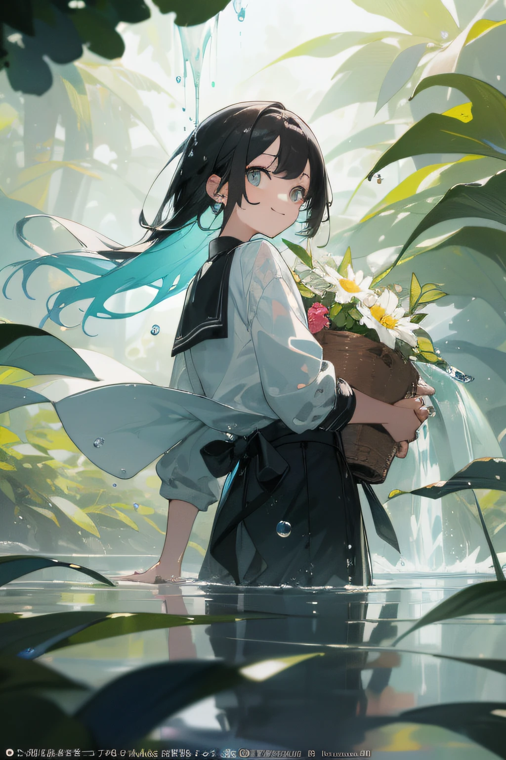 (master masterpiece、bestquality、bestquality、Official Art、Beautiful and aesthetic:1.2),Lightly dressed girl, summer, Water droplets,detailed backgorund、nature、Aside、smiles、pitiable、8 years old