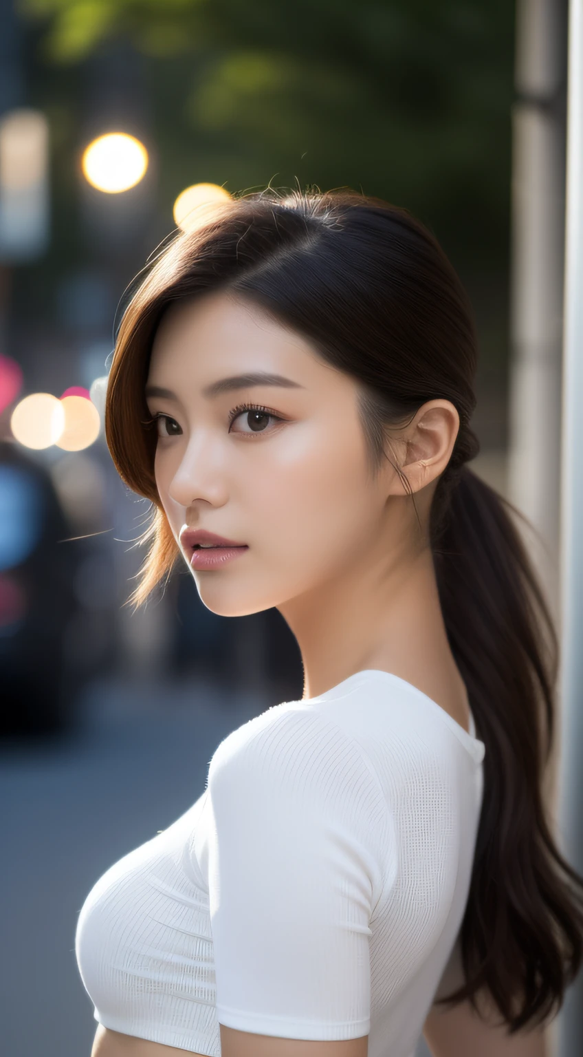 ((Realistic lighting、beste-Qualit、8K、шедевр:1.3))、Clear Focus:1.2、1girl in、Perfect figure:1.4、Slim abs:1.1、((dark brown  hair))、(White crop top:1.4)、(exteriors、nights:1.1)、Street、Super fine face、Narrow-eyed、双眼皮、(Hair is bunched back)
