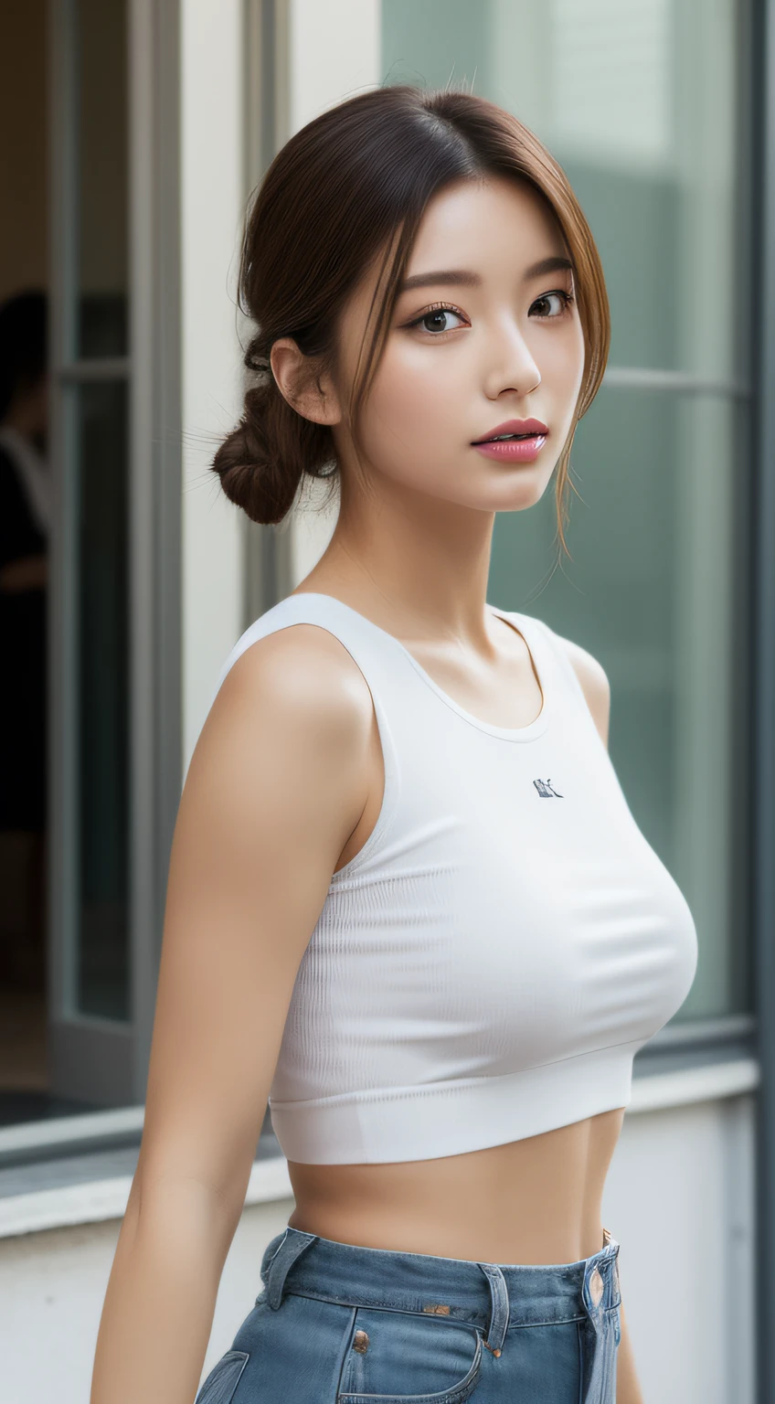 ((Realistic lighting、beste-Qualit、8K、шедевр:1.3))、Clear Focus:1.2、1girl in、Perfect figure:1.4、Slim abs:1.1、((dark brown hair))、(White crop top:1.4)、(exteriors、nights:1.1)、Street、Super fine face、Narrow-eyed、双眼皮、(Hair is bunched back)