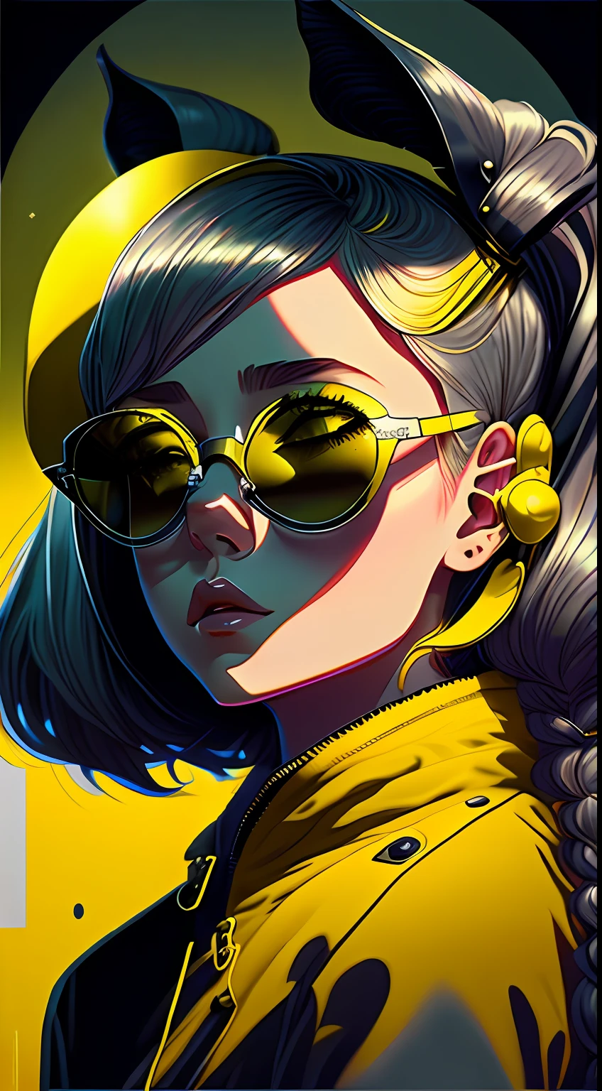 Illustration of a girl wearing yellow sunglasses,She has hair on her face and ears, in the style of film noir aesthetic, animeaesthetic, I can't believe how beautiful this is, dark silver and yellow, monochromatic minimalist portraits, pop art sensibilities, Animated GIFs
