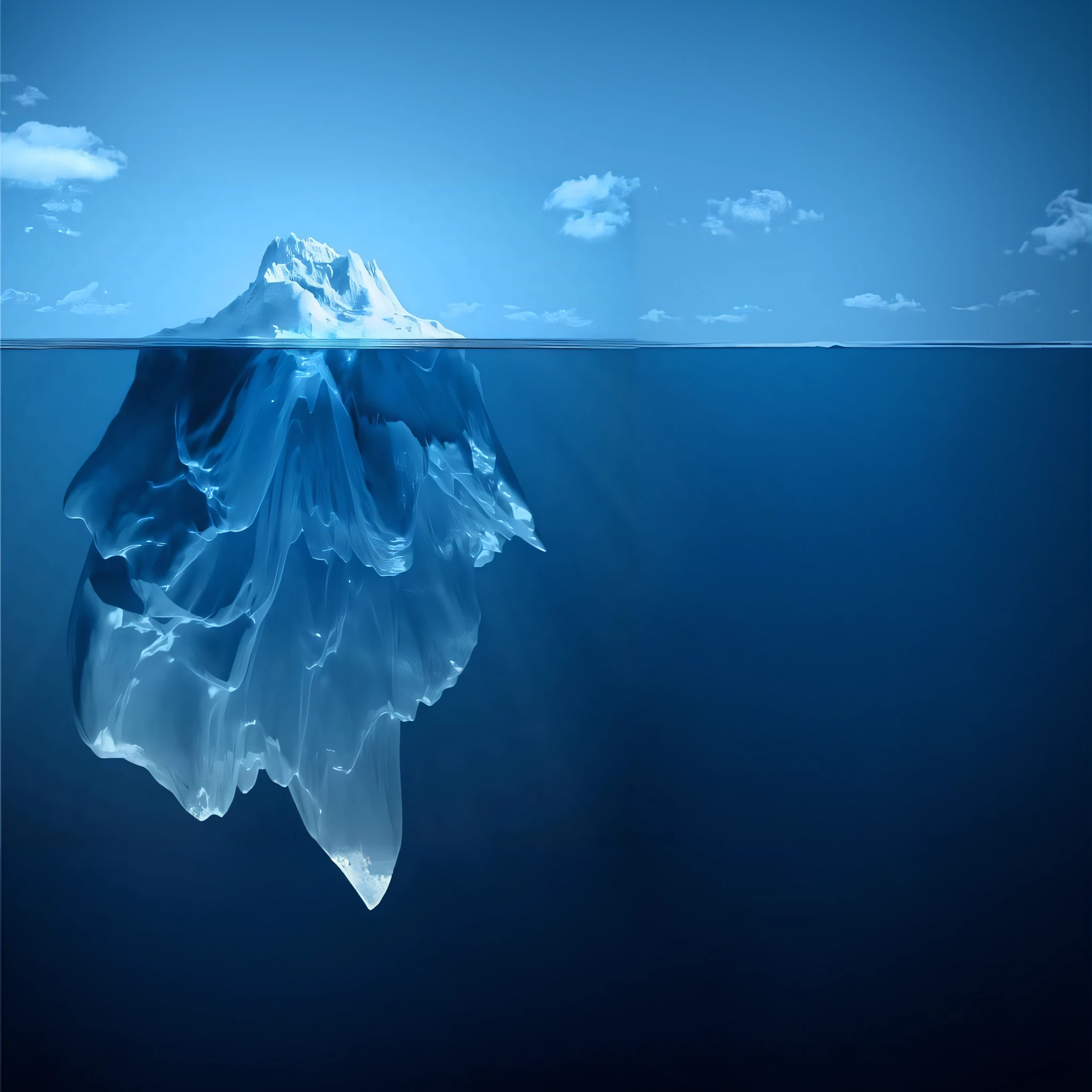 Icebergs floating in the ocean,blues sky and clouds, ice mountain, incredible depth, water art manipulation, surreal water art, amazing depth, author:Derek Zabroki, ice mountain, mountains made out of icebergs, deep depth, author:David Ruby, sinking into madness, illustration!, water manipulation photoshop, author:Derek Hill, Deep!!!!!, melting reality, Deep perspective