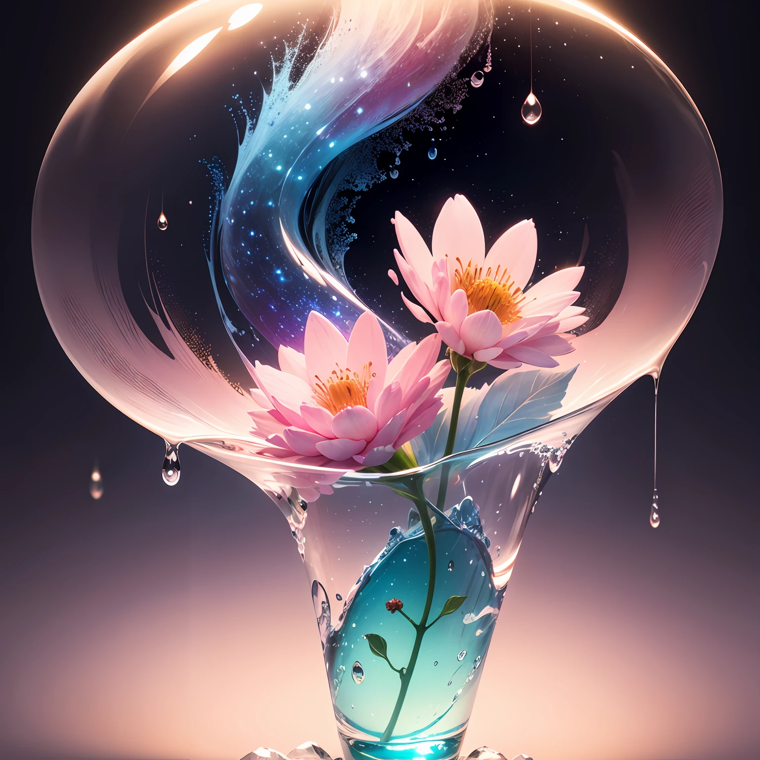 Crystal spring flower，Pink white gradient，water drop，Fantastical, galaxies, Transparent,, Pink white gradient，water drop，Light blue leaves，Sparkle, Sparkle, brilliance, Water，colorful，, Magical photography of light blue leaves, dramatic illumination, Photo realism, Ultra detailed, 4k, depthoffield, high resolusion --auto