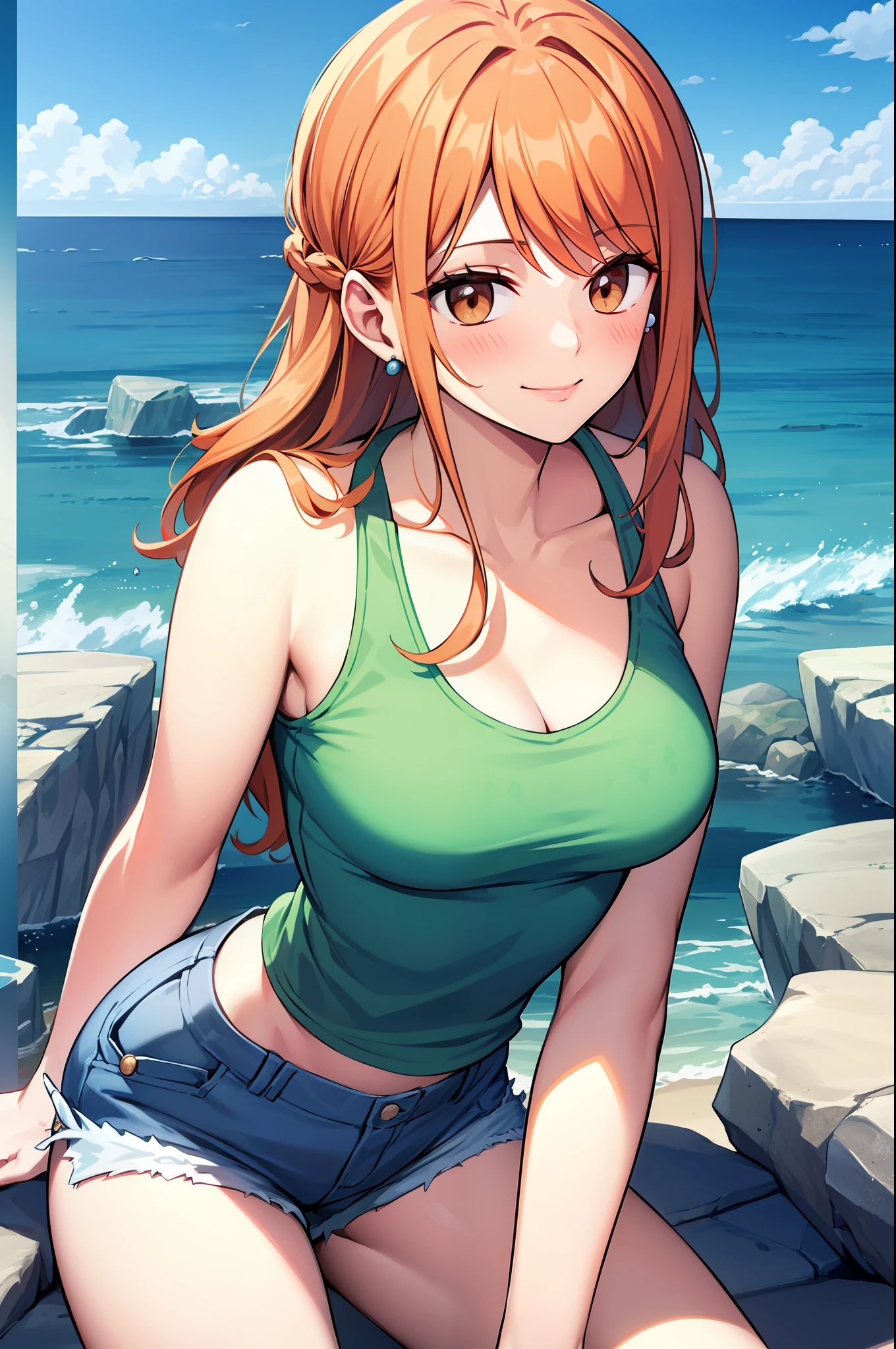 masterpiece, ((ultra detailed background, delicate pattern, intricate detail)), (highly detailed, fine details), best quality, beautiful lighting, ((medium breasts, slim girl)), NamiV3, ((Green tank top, denim shorts)), bavarian outfit, cleavage, 1girl, orange hair, solo, long hair, jewelry, brown eyes, smile, earrings, blue tattoo, (complex detailed background, barren land, rocks, ocean, oustide, nature environment), (cowboy shot),