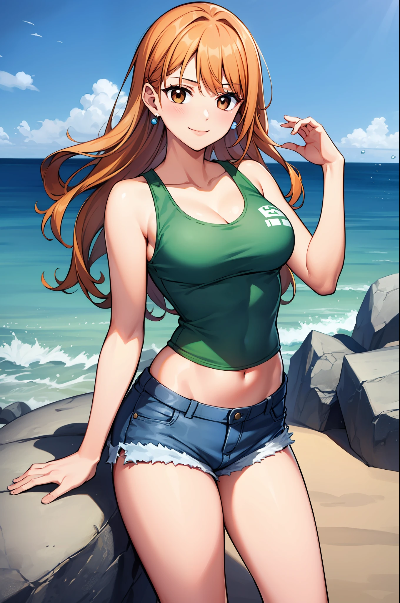 masterpiece, ((ultra detailed background, delicate pattern, intricate detail)), (highly detailed, fine details), best quality, beautiful lighting, ((medium breasts, slim girl)), NamiV3, ((Green tank top, denim shorts)), bavarian outfit, cleavage, 1girl, orange hair, solo, long hair, jewelry, brown eyes, smile, earrings, blue tattoo, (complex detailed background, barren land, rocks, ocean, oustide, nature environment), (cowboy shot),
