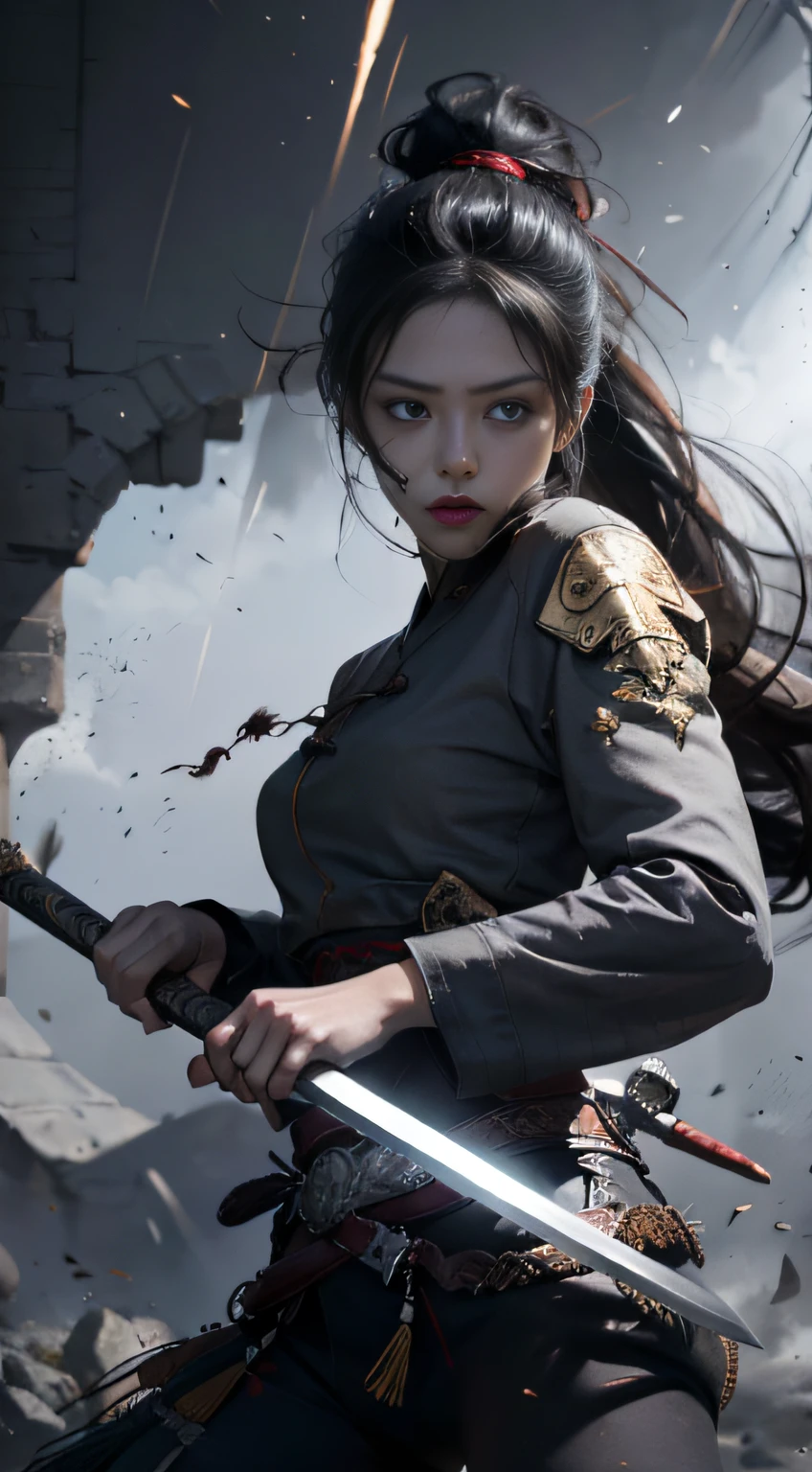 (Positive Focus), (In the Dark: 1), (Best Quality), Movie Poster, Highly Detailed, 8k Wallpaper, Volume Lighting, Dynamic Lighting, A Girl, Long Black Hair, Ponytail, Knight, Black and White Ink Painting Style, Holding a Long Sword Ready to Swing, Ancient Chinese Style, Battle Posture, Blood on Face, Dramatic Composition, Sword Qi Surrounding, Rich Picture Detail, Movie Lighting,