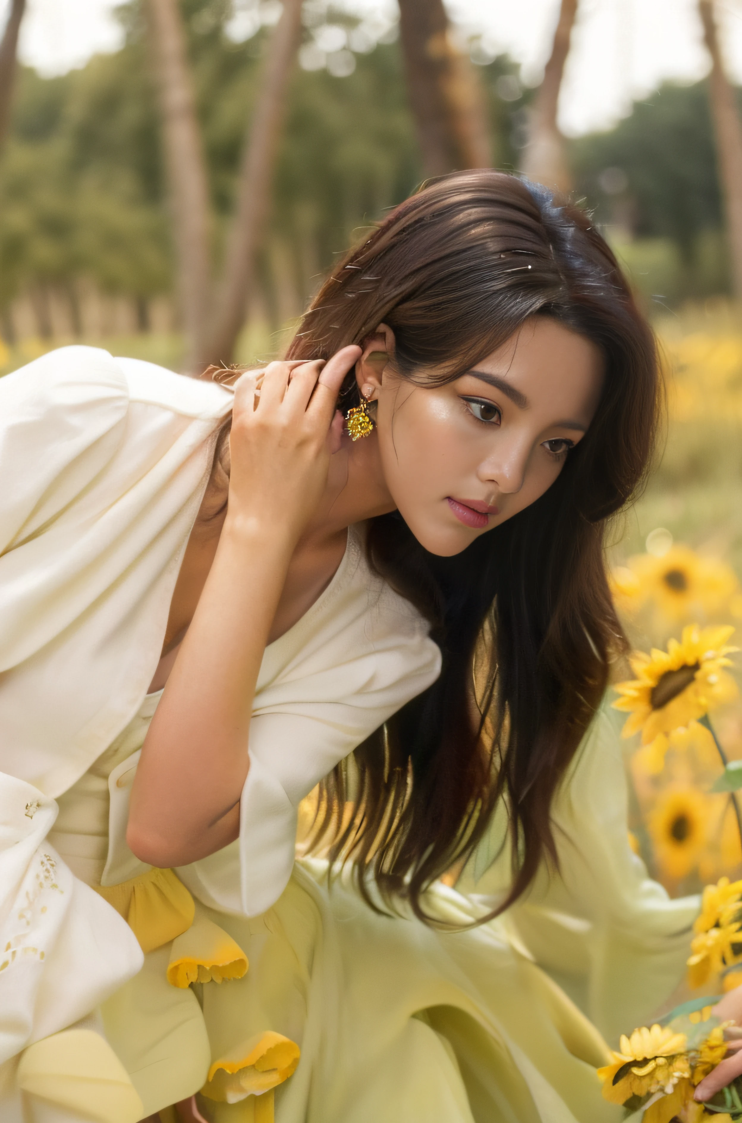 a close up of a woman in a green dress holding a sunflower, hot with shining sun, inspired by Xie Sun, Inspired by Huang Ji, sunflowers in the background, gorgeous chinese models, blackpink jennie, tzuyu from twice, xintong chen, gongbi, inspired by Wu Bin, Album art, Beautiful sunflower girl, Lu Ji, xision wu