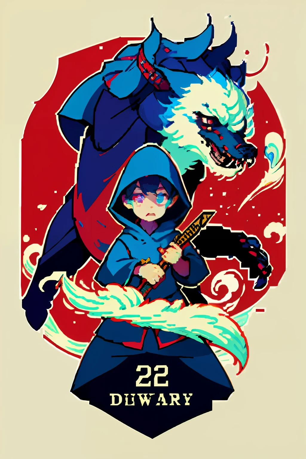 A detailed illustration face evil ninja wolf,magic, t-shirt design, red color , dark magic splash, dark, ghotic, t-shirt design,boy,25 year,hoodie