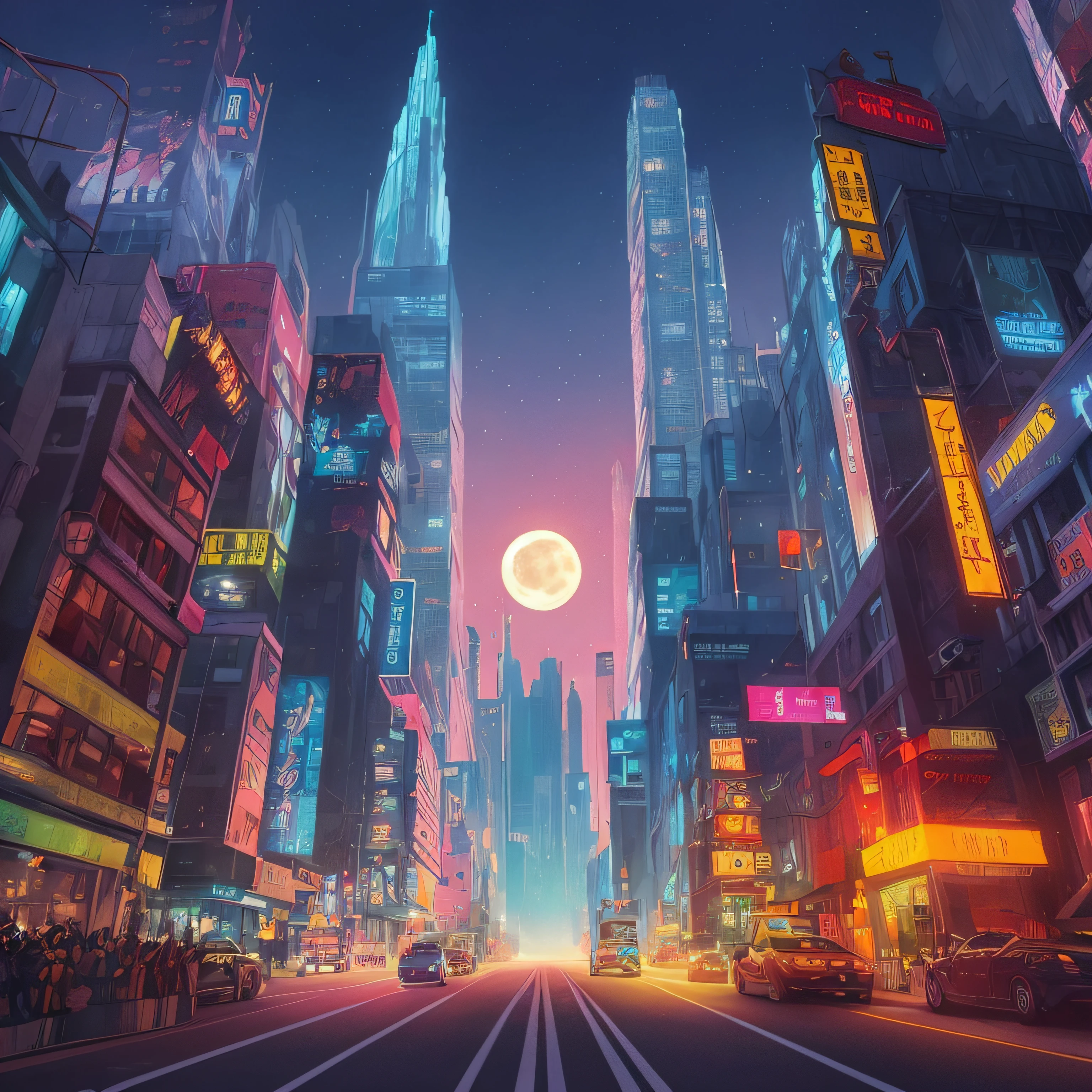 (Extremely detailled:1.2)、(beste-Qualit:1.2)、(8K:1.0)、(EMB-RRF-LOW:1.0)、sharp foc、(winning photo:1.2)、(sub-surface Scattering:1.1)、towering skyscrapers、Neon-lit street、flying car、Holographic signage、Full moon background、Robert Bloomfield、3D Art、photo- realistic、hyper detailled、dystopian、Trending on ArtStation、cinematiclight、SF、Fantasia、tshirt design、Studio Ghibli style、dark backgrounds