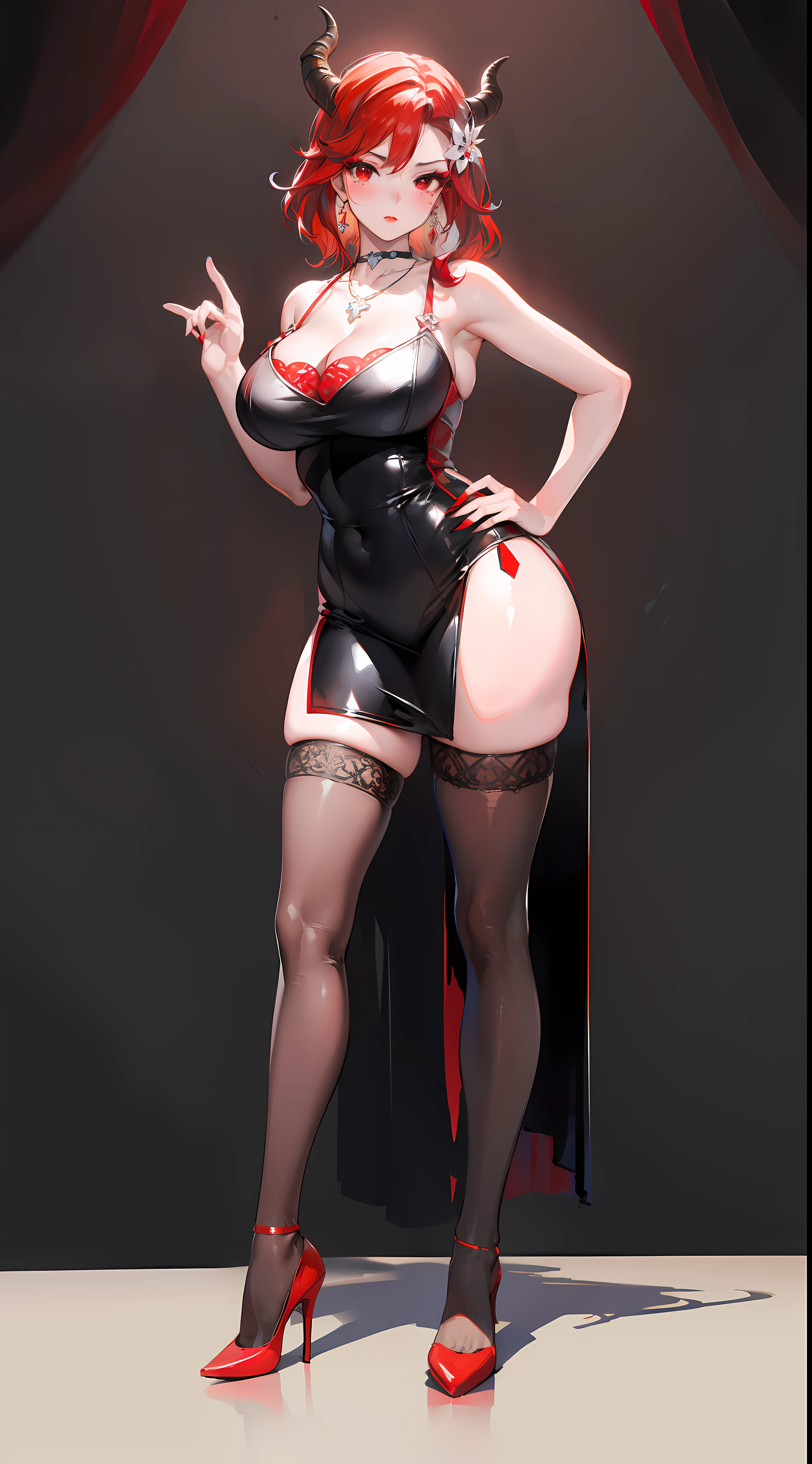 (Masterpiece, Best Quality, High Quality:1.4), professional artwork, Intricate Details, field of view, sharp focus, detailed painting, photorealistic lighting, trending on pixiv, (vivid lighting, vibrant colors:1.05), realistic shadows, ambient occlusion, mature female, milf, solo, (curvy:1.1), stand up, hand on waist, posing, background white, (full body shot shot:1.1),
(red hair:1.3), hair ornament, lipstick, makeup, (mole under eye:0.9), choker, ultra detail hair, ultra detail face, (red eyes:1.05), perfect eyes, perfect face, succubuss horns, (seductive look, blush:1.15),
(main dress:1.2), latex asmodeusoutfit, (black thighhighs:1.1), (highheels:1.2), bare shoulders, necklace,
(Large Breasts:1.15), Cleavage, big ass, thighs
