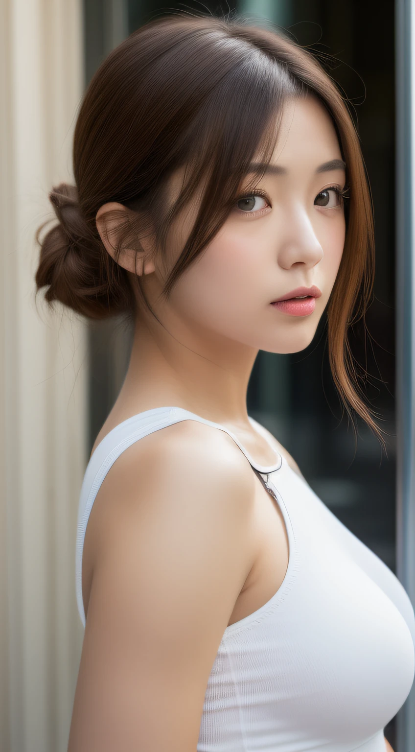 ((Realistic lighting、beste-Qualit、8K、шедевр:1.3))、Clear focus:1.2、1girl in、Perfect figure:1.4、Slim abs:1.1、((dark brown hair))、(White crop top:1.4)、(exteriors、nights:1.1)、Street、Super fine face、Narrow-eyed、双眼皮、((Hair is bunched back))、((Face with implied))