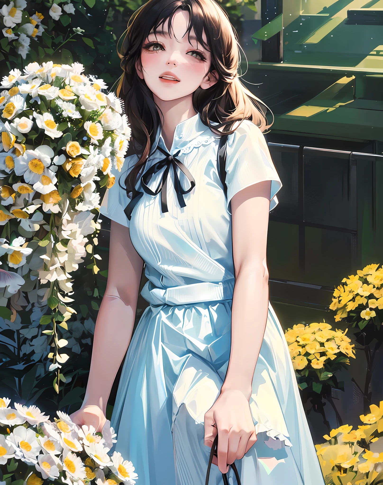 Best quality, masterpiece, high image quality, 1 girl, close, blush, (attractive smile: 0.8), white clothes, blue pleated skirt, skirt with lace, black hair, ribbon, beautiful face, smile, showing teeth, flowers blooming on both sides of the road, yellow chrysanthemums, red flowers, green grass, spring, white clouds, full body, intense light and shadow, photographic effects, realistic, edge lighting, two-tone lighting, (high detail skin: 1.2), 8k ultra high definition, DSLR, soft lighting, high quality, volumetric lighting,Capture, Photo, High Resolution, 4K, 8K,