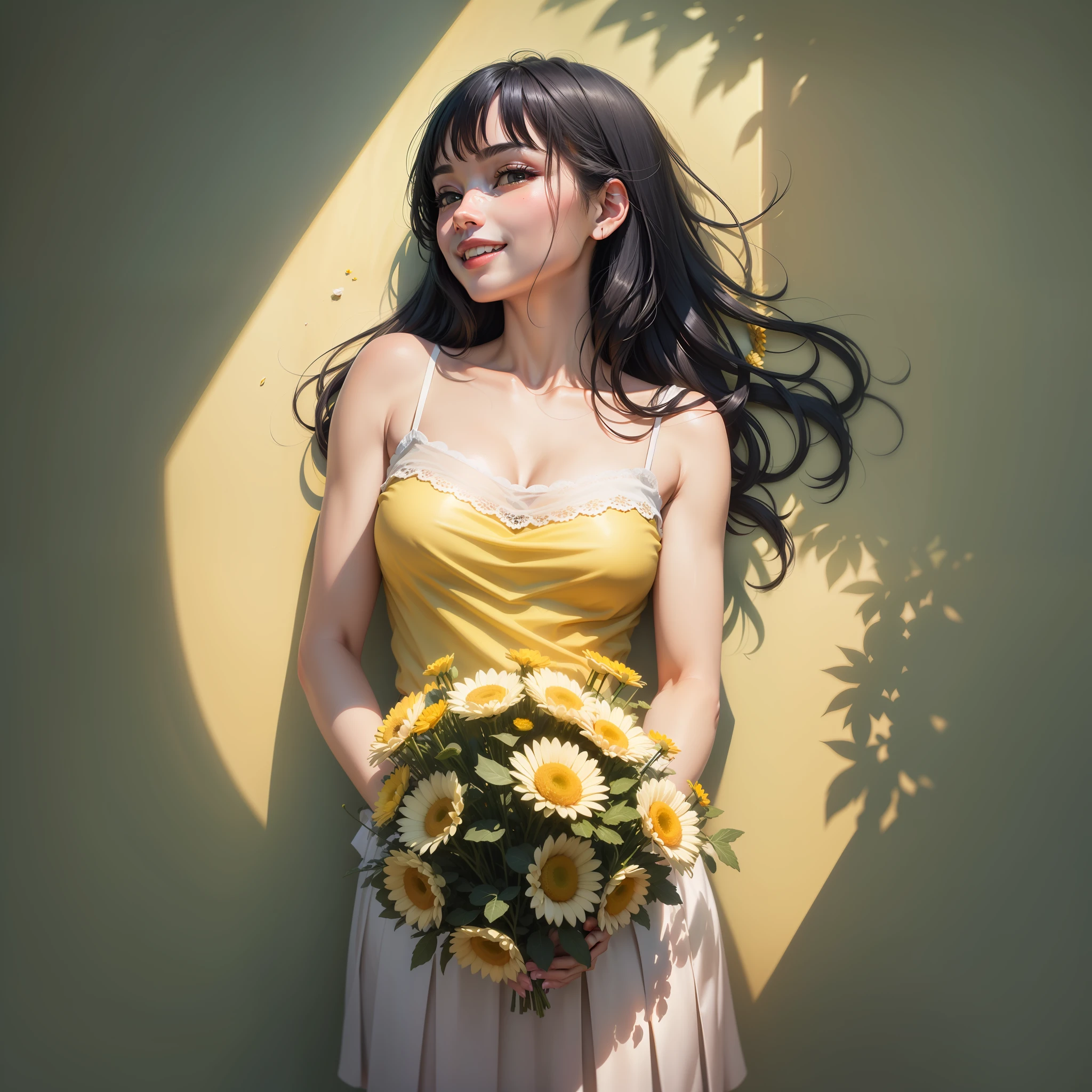 Best quality, masterpiece, high picture quality, 1 girl, close-up, blush, (attractive smile: 0.8), white clothes, blue pleated skirt, lace on skirt, black hair, ribbon, beautiful face, smile, showing teeth, flowers blooming on both sides of the road, yellow chrysanthemums, red flowers, green grass, spring, white clouds, full body, intense light and shadow, photographic effects, realistic, , edge lighting, two-tone lighting, (high detail skin: 1.2), 8k ultra high definition, DSLR, soft lighting, high quality, volumetric lighting,Capture, Photo, High Resolution, 4K, 8K,