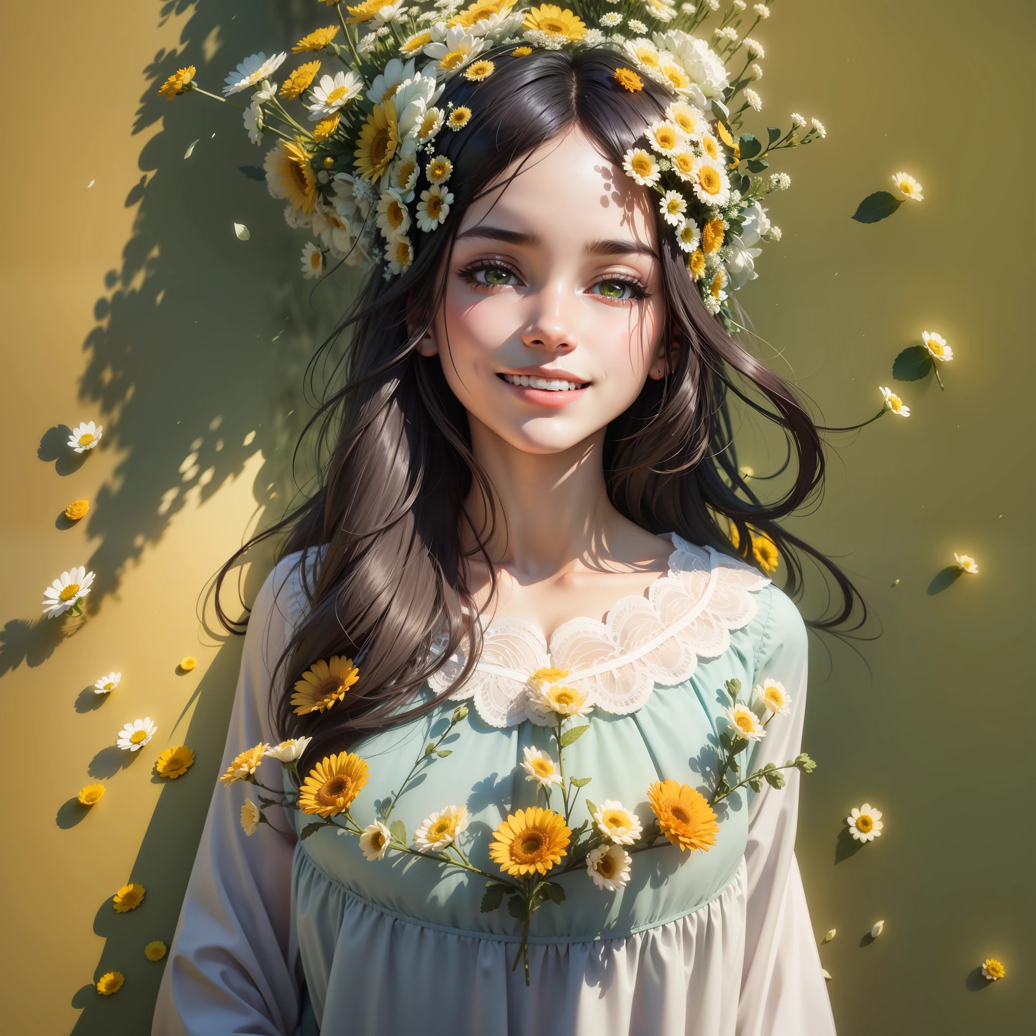 Best quality, masterpiece, high picture quality, 1 girl, close-up, blush, (attractive smile: 0.8), white clothes, blue pleated skirt, lace on skirt, black hair, ribbon, beautiful face, smile, showing teeth, flowers blooming on both sides of the road, yellow chrysanthemums, red flowers, green grass, spring, white clouds, full body, intense light and shadow, photographic effects, realistic, , edge lighting, two-tone lighting, (high detail skin: 1.2), 8k ultra high definition, DSLR, soft lighting, high quality, volumetric lighting,Capture, Photo, High Resolution, 4K, 8K,