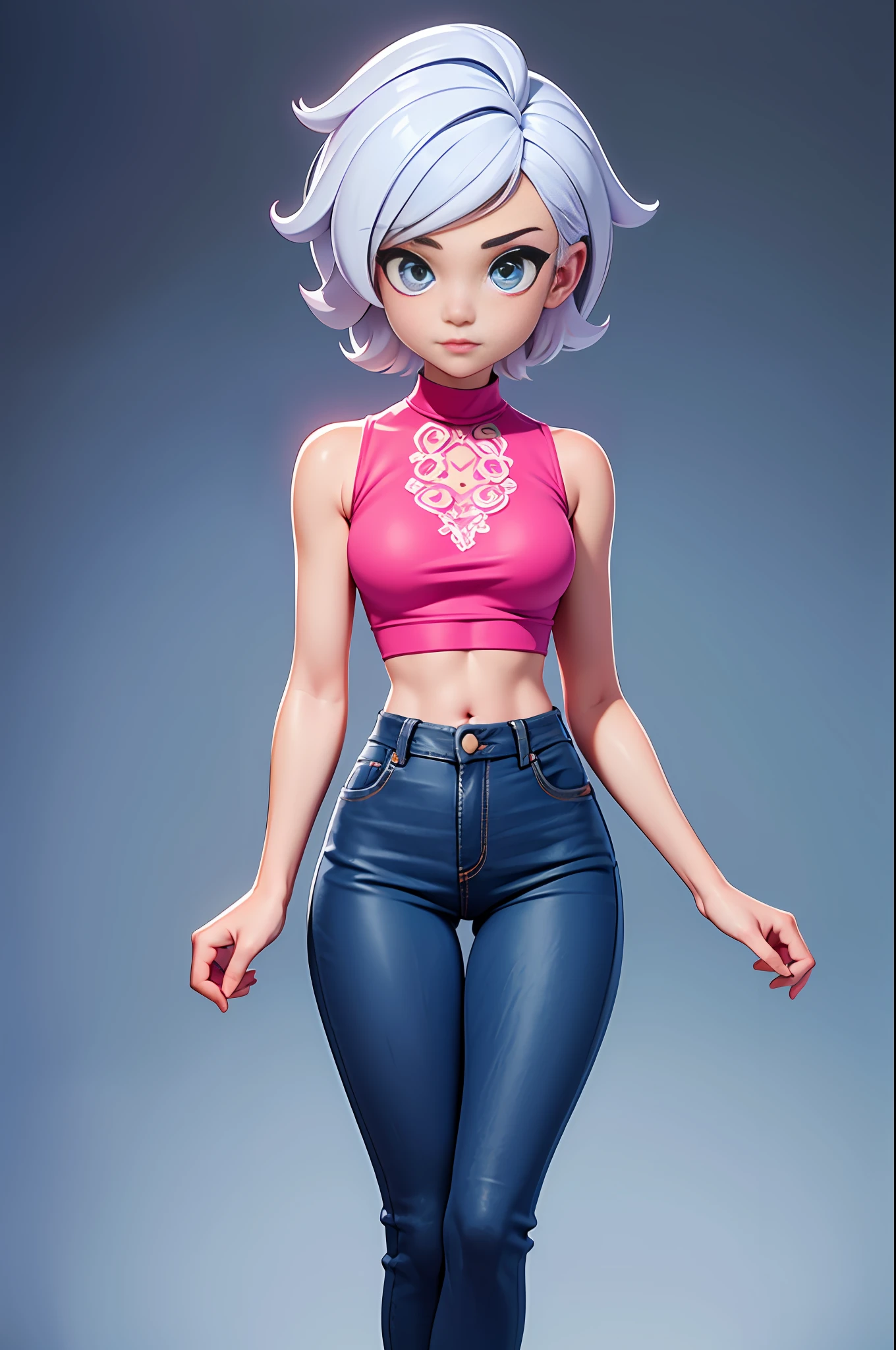 Super sexy Maria dressed （Low-cut and tight （Flared jeans））， （（Pink crop top top：1.5） Vest with exposed neckline）， Short hair, The hair is bluish white， photorealestic， photography of， （A high resolution）， （realisticlying：1.4）， （very intricate）， （exquisitedetails）， highly detaile， A high resolution， Original， Extremely detailed 8k wallpaper， Best Quority， Detailed face， hyper detailled， OriginalPhoto， realisticlying， （thigh gap：1.5）