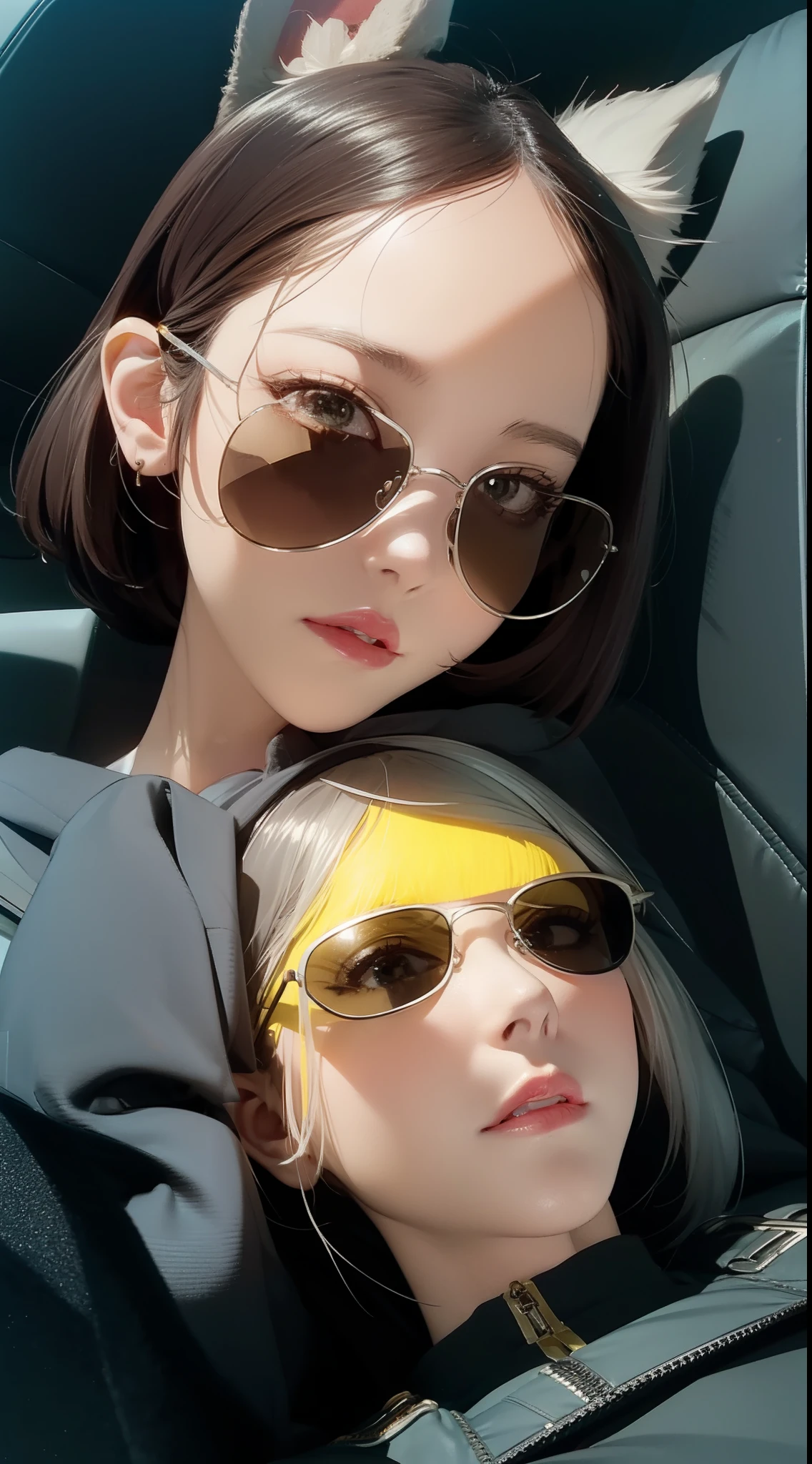 an illustration of a girl wearing yellow sunglasses with hair on her face and with ears, in the style of film noir aesthetic, anime aesthetic, i can't believe how beautiful this is, dark silver and yellow, monochromatic minimalist portraits, pop art sensibilities, animated gifs