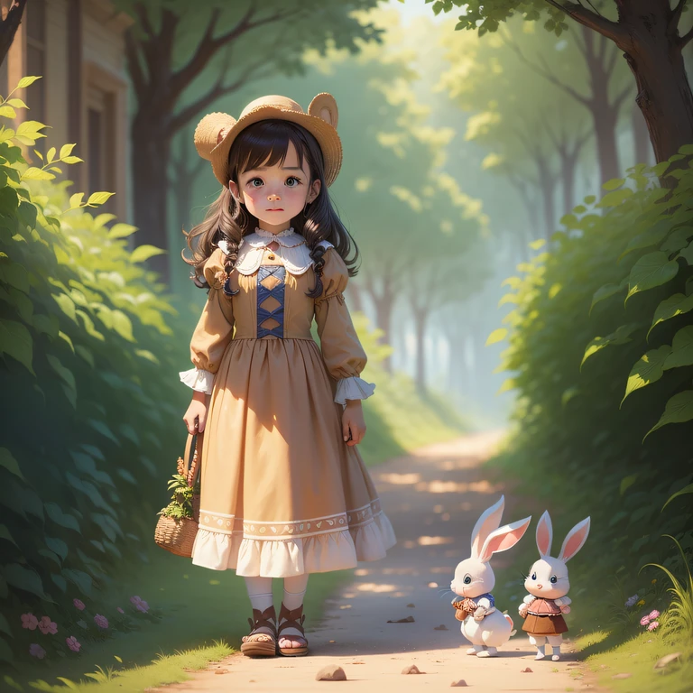 There is a picture of a happy Easter greeting card with a little princess and a basket of flowers, flower gardens, Garden background, garden, Happy, flowers garden, Middle Metaverse, Machine garden, Wang Chen, komono, Happy!!!, royal garden background，Cartoon little princess in bachelor's hat, bubbly scenery, Magazine covers, large view, [ [ Soft ] ], soft coloring, [ conceptual art ]!!, Cartoon Cute, Cute little princess, Inspired by Xiao Yuncong, Little princess，Chinese wind，Pictures，grass field，A blue sky，baiyun，Wishing you prosperity，The princess holds the rabbit，The princess occupies a quarter in the middle of the picture --auto