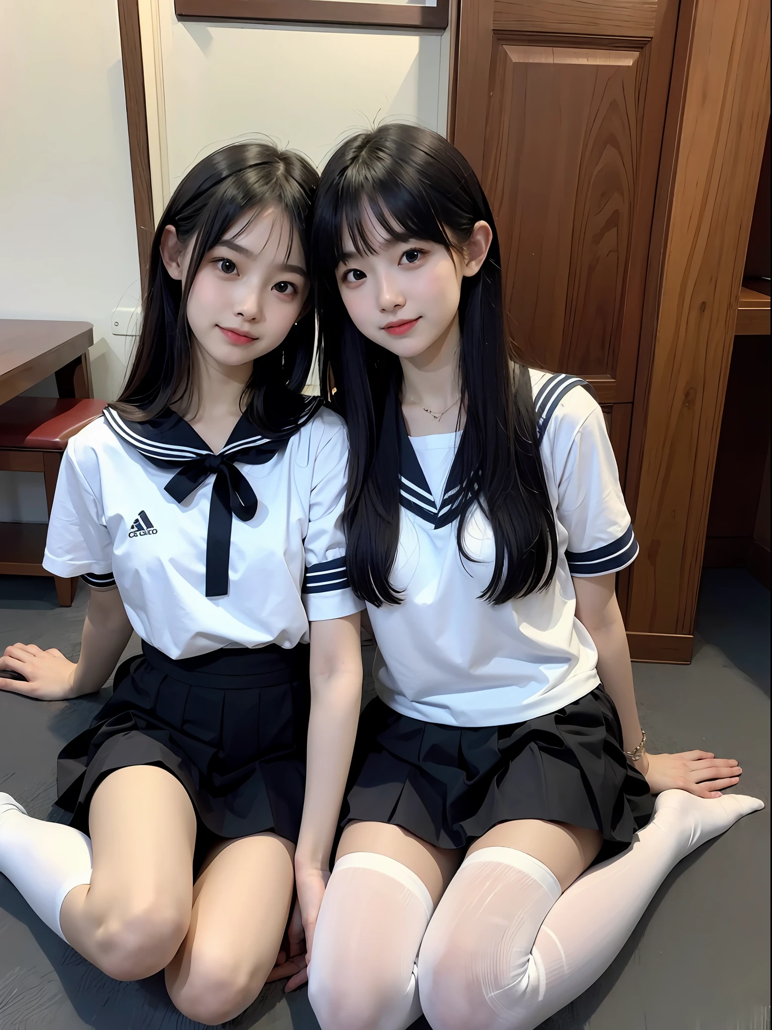 (8K,Best Quority,a masterpiece of:1.2),(realisticlying,realisticlying,photo-realistic:1.37),2girls,hyper-detailing,beautiful details eyes,Beautiful detail nose,(((2girls))),Short-sleeved sailor suit,Short pleated skirt,7 points,liveroom,Smile with,big legs,((Black tights)),twinsies