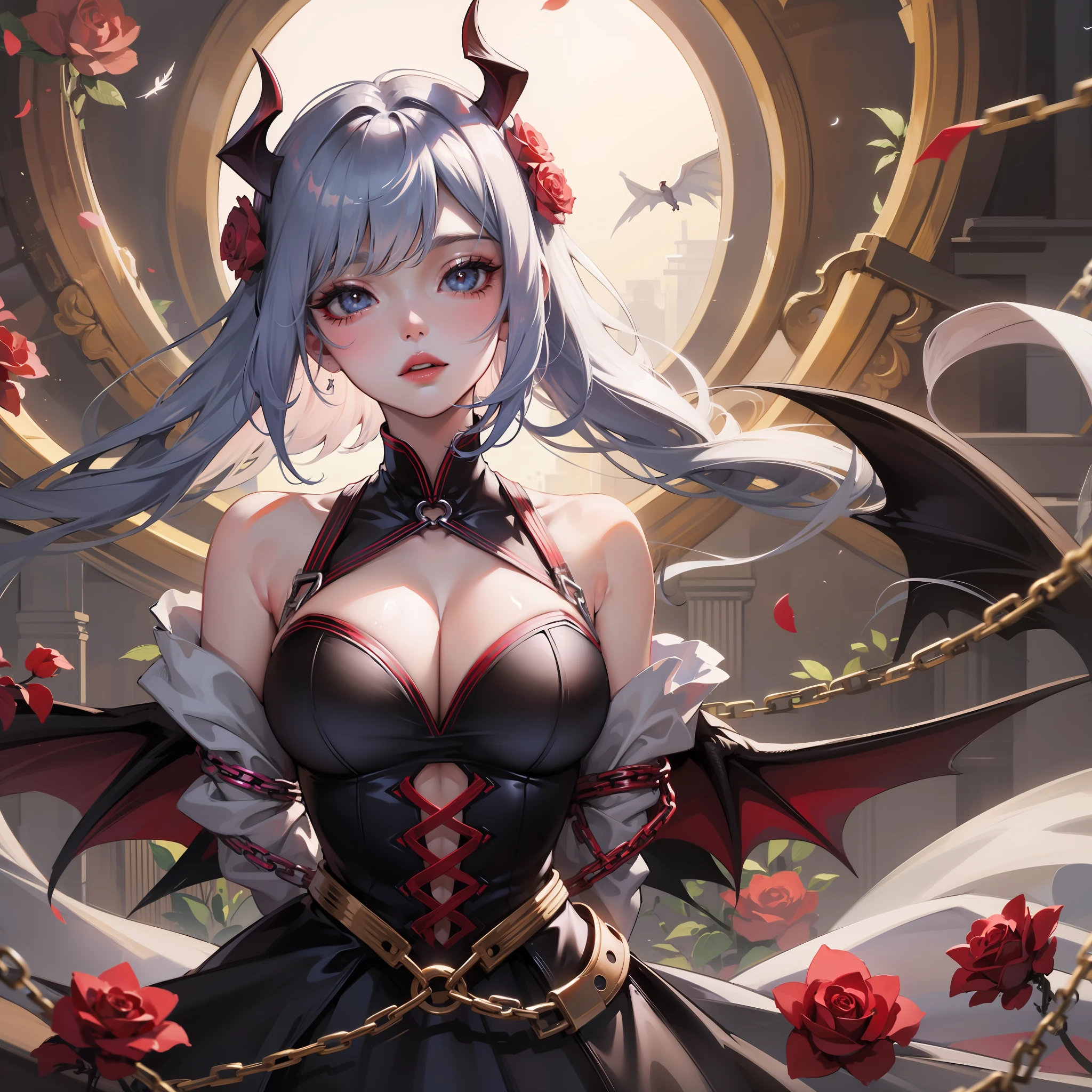 masterpiece,best quality,highres,1girl,upper body,cowboy shot,arms behind back,((ethereal seductive beauty, angel + succubus)),(eyelashes, lips),(half closed eyes:0.85),translucent dress,feminine pose,voluptuous,large breasts,wings,blood stein,feathers,roses,bondage,shackled,restrain,bounded in chains,look at viewer,dynamic composition,